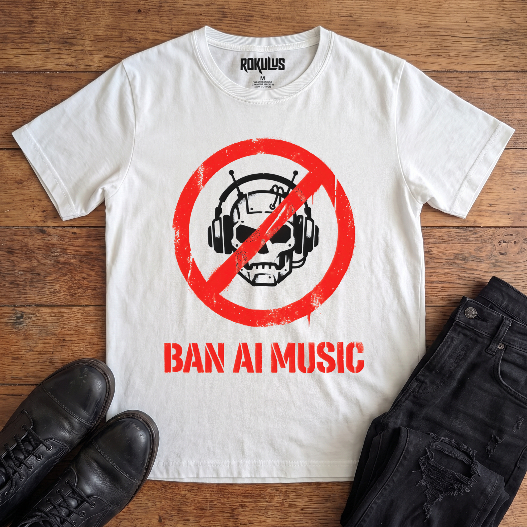 White Rokulus Ban AI Music vintage graphic tee laid flat on wood with black boots and jeans, front print showing a stencil robot skull in headphones inside a red prohibition circle above "Ban AI Music" in red stencil type