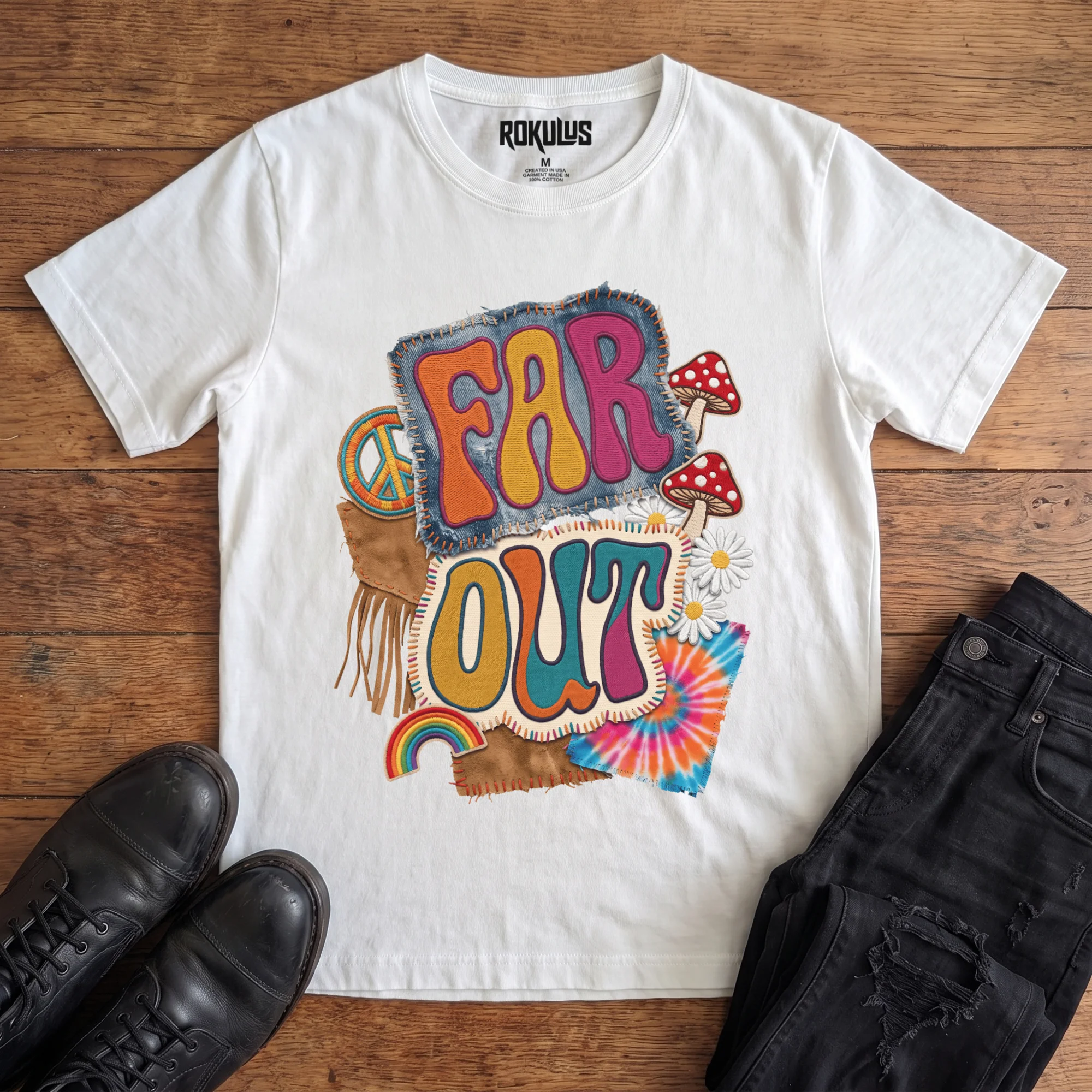 White Rokulus Far Out vintage graphic tee laid flat on wood with black boots and jeans, front print showing a groovy 70s patch collage with mushrooms, daisies, a peace sign, rainbow, and tie-dye around puffy “Far Out” lettering