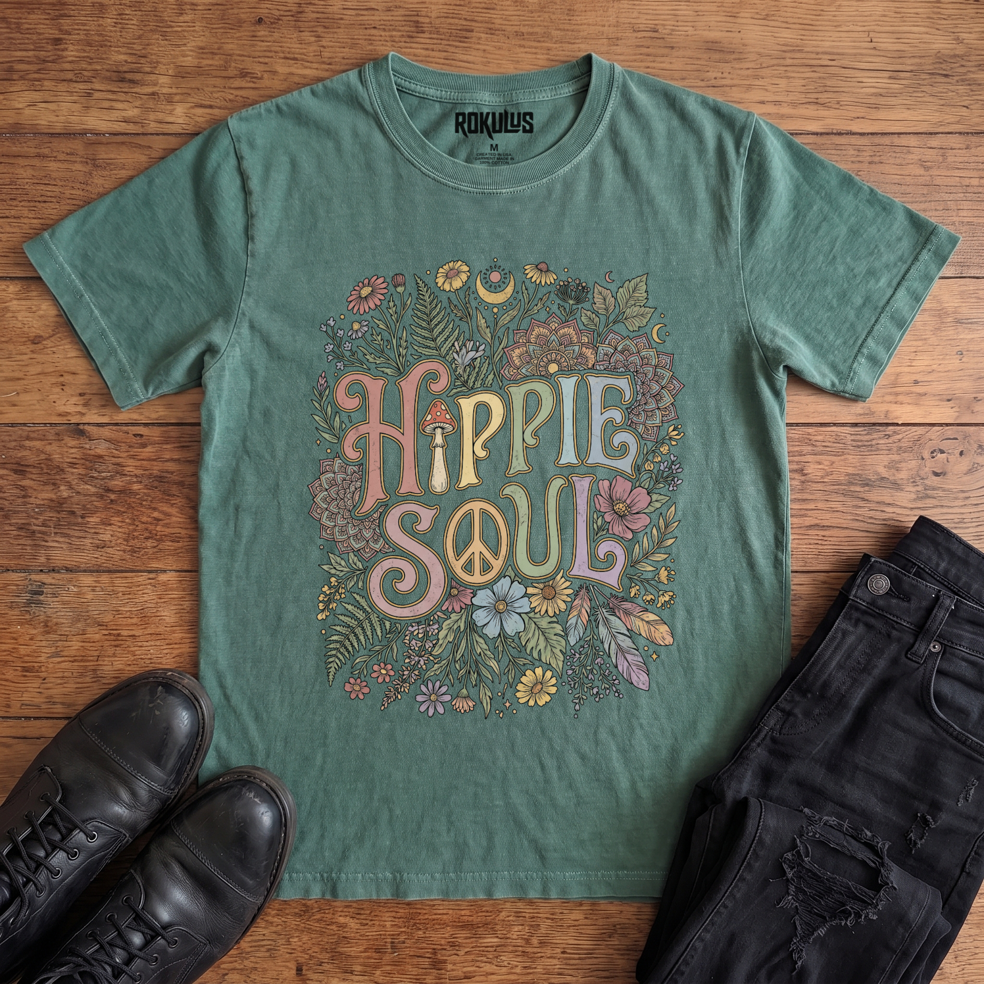 Washed pine Rokulus Hippie Soul vintage graphic tee laid flat on wood with black boots and jeans, front print showing "Hippie Soul" in groovy retro lettering with a peace sign, wildflowers, ferns, feathers, and mandalas in soft pastels