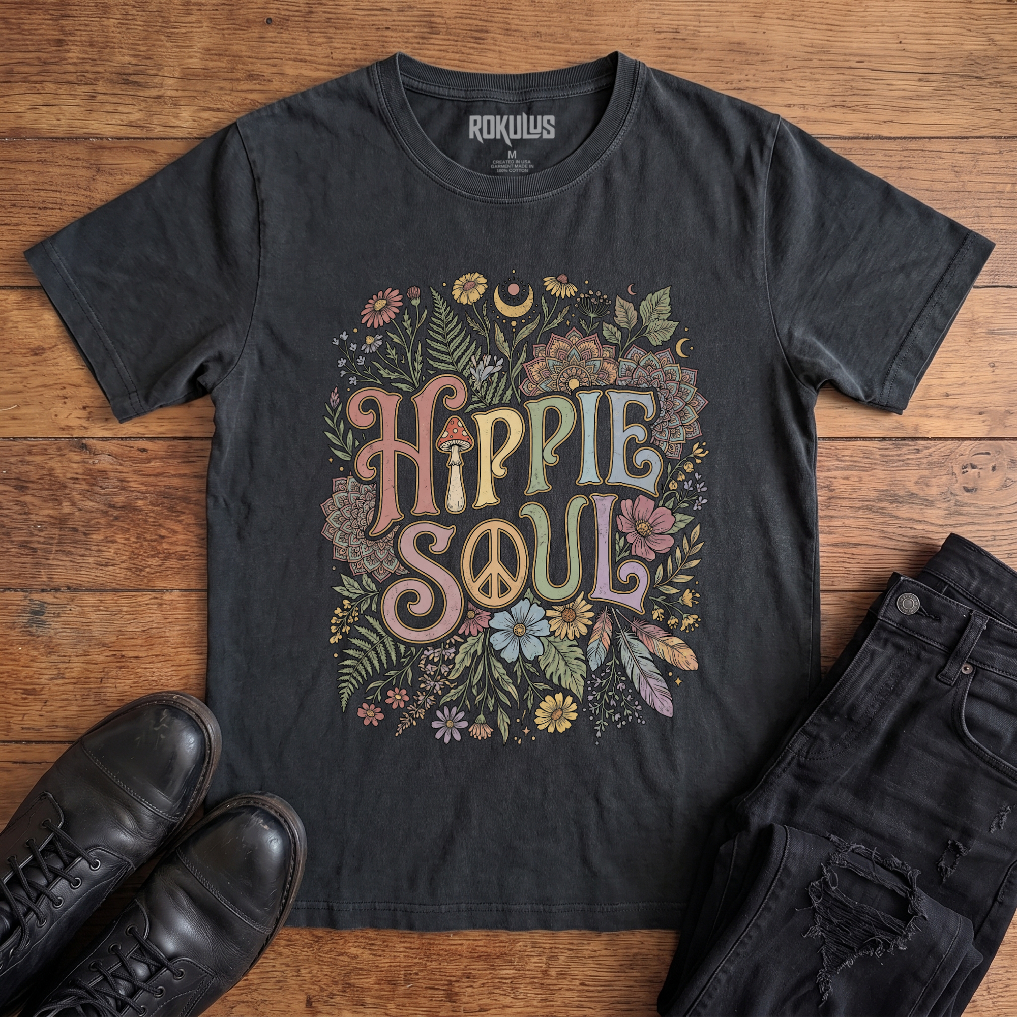 Washed black Rokulus Hippie Soul vintage graphic tee laid flat on wood with black boots and jeans, front print showing "Hippie Soul" in groovy retro lettering with a peace sign, wildflowers, ferns, feathers, and mandalas in soft pastels