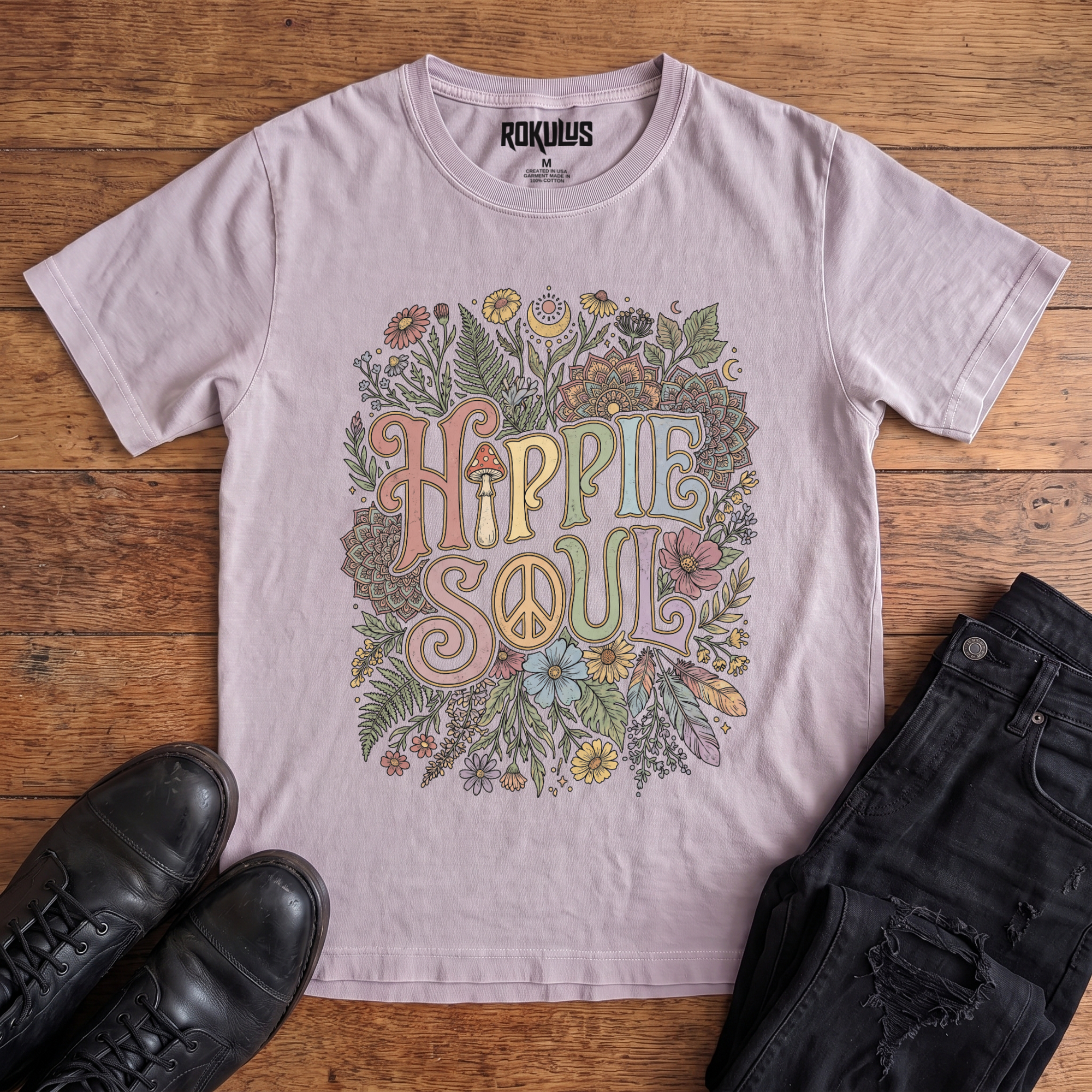 Washed lavender Rokulus Hippie Soul vintage graphic tee laid flat on wood with black boots and jeans, front print showing "Hippie Soul" in groovy retro lettering with a peace sign, wildflowers, ferns, feathers, and mandalas in soft pastels