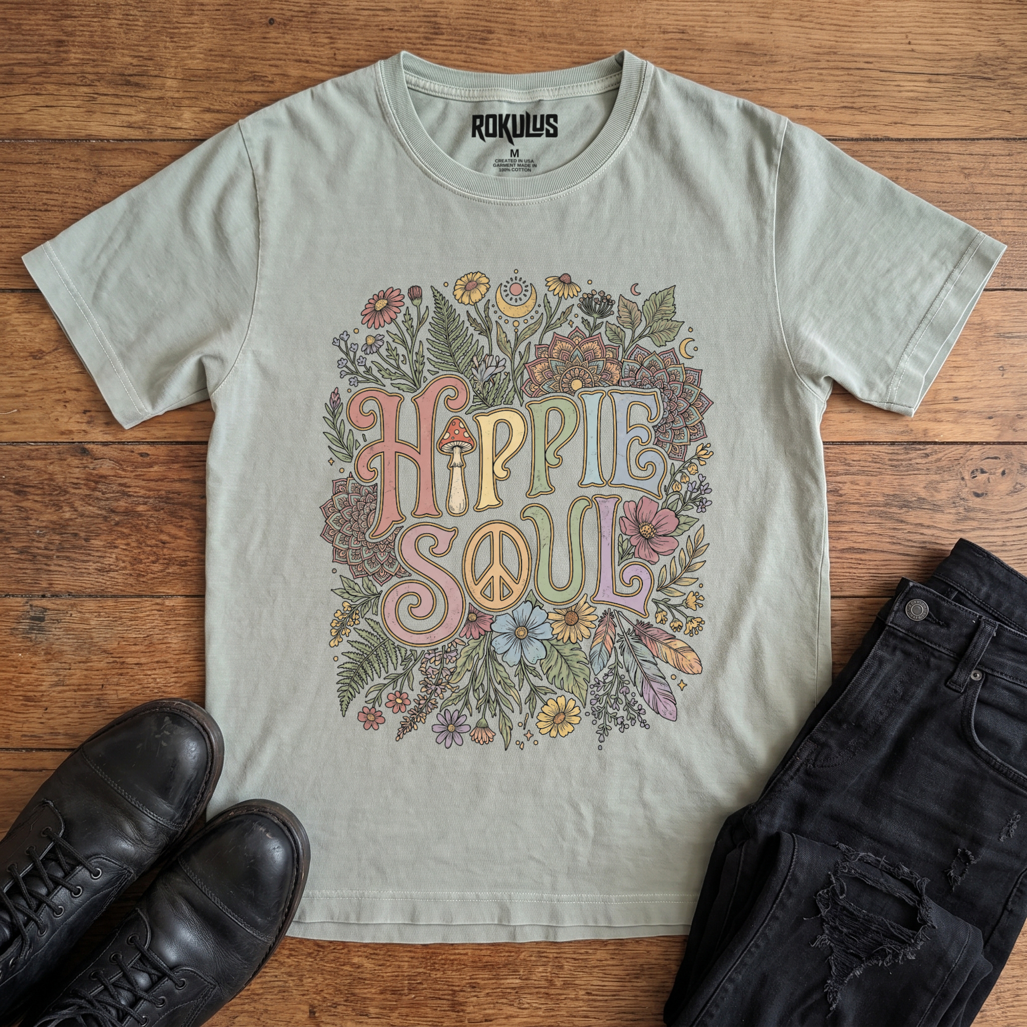 Washed thyme Rokulus Hippie Soul vintage graphic tee laid flat on wood with black boots and jeans, front print showing "Hippie Soul" in groovy retro lettering with a peace sign, wildflowers, ferns, feathers, and mandalas in soft pastels