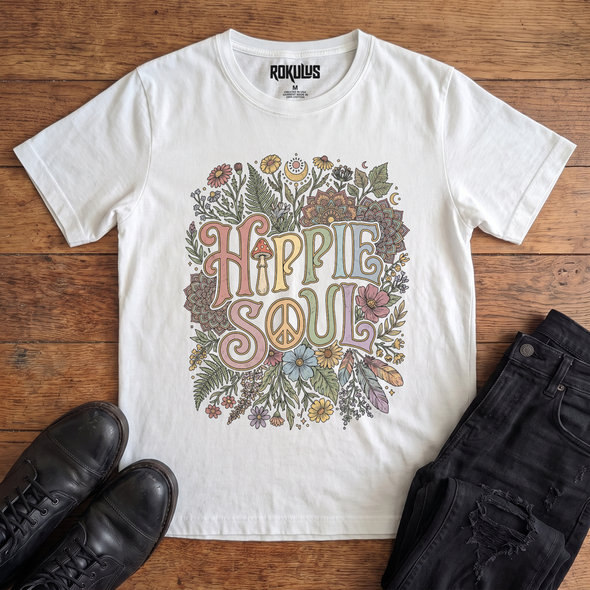 White Rokulus Hippie Soul vintage graphic tee laid flat on wood with black boots and jeans, front print showing "Hippie Soul" in groovy retro lettering with a peace sign, wildflowers, ferns, feathers, and mandalas in soft pastels