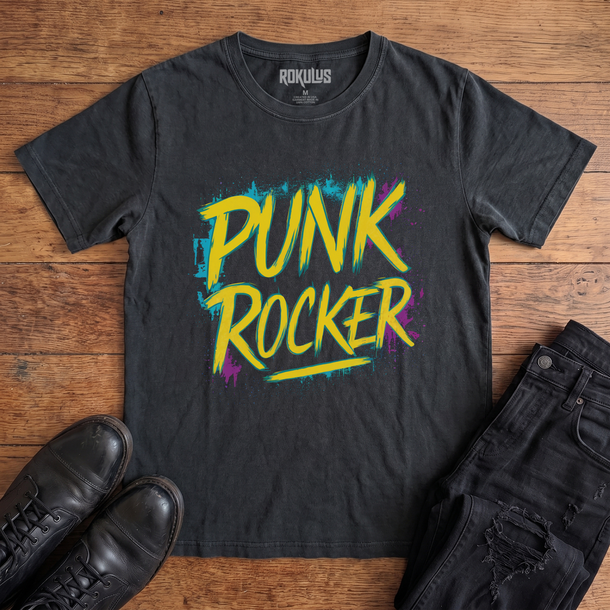 Washed black Rokulus Punk Rocker vintage graphic tee laid flat on wood with black boots and jeans, front print showing "Punk Rocker" in bright yellow brush-stroke lettering with cyan and magenta paint splatter