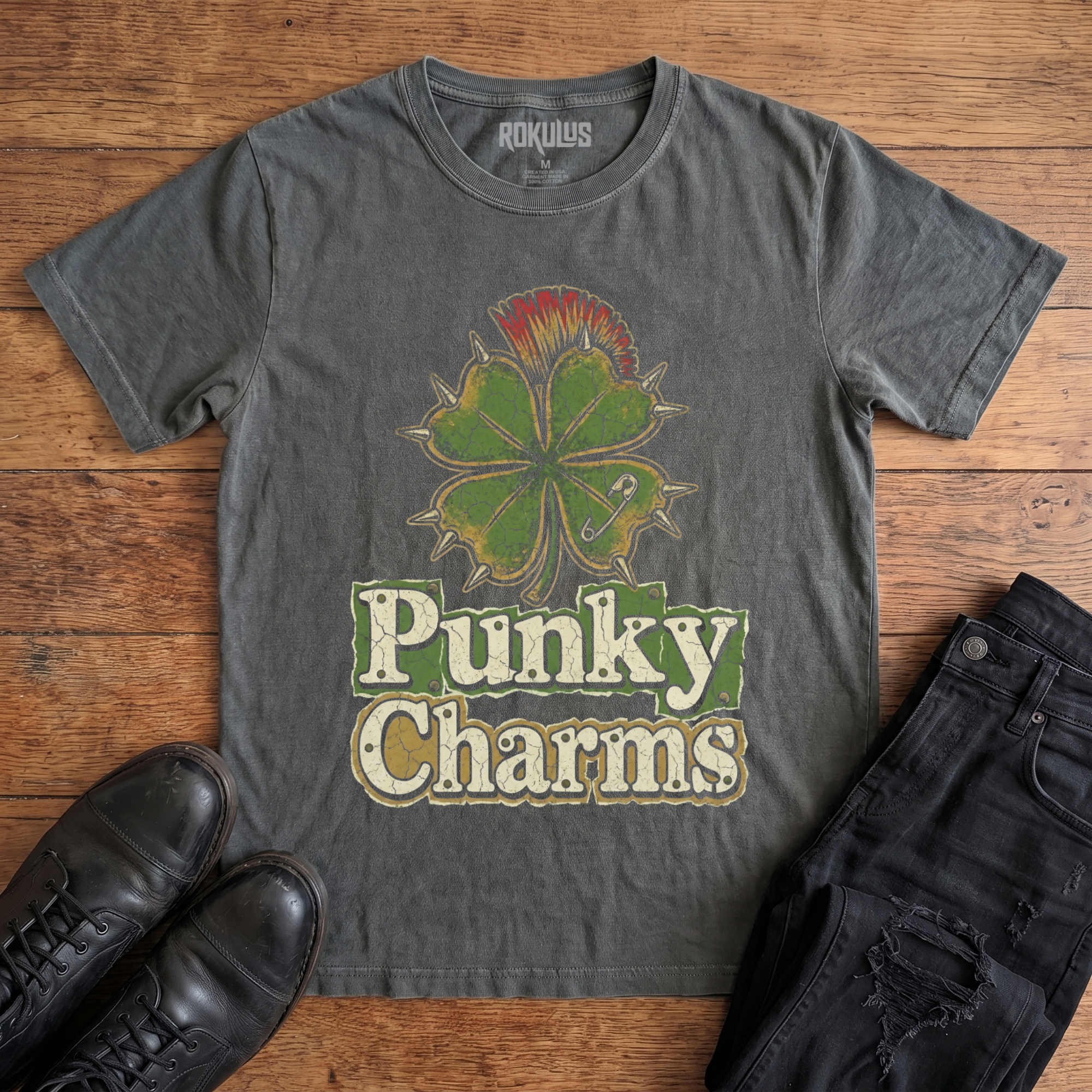 Washed charcoal Rokulus Punky Charms vintage graphic tee laid flat on wood with black boots and jeans, front print showing a spiked four-leaf clover with a red mohawk and safety pin in distressed green and gold above cracked "Punky Charms" lettering