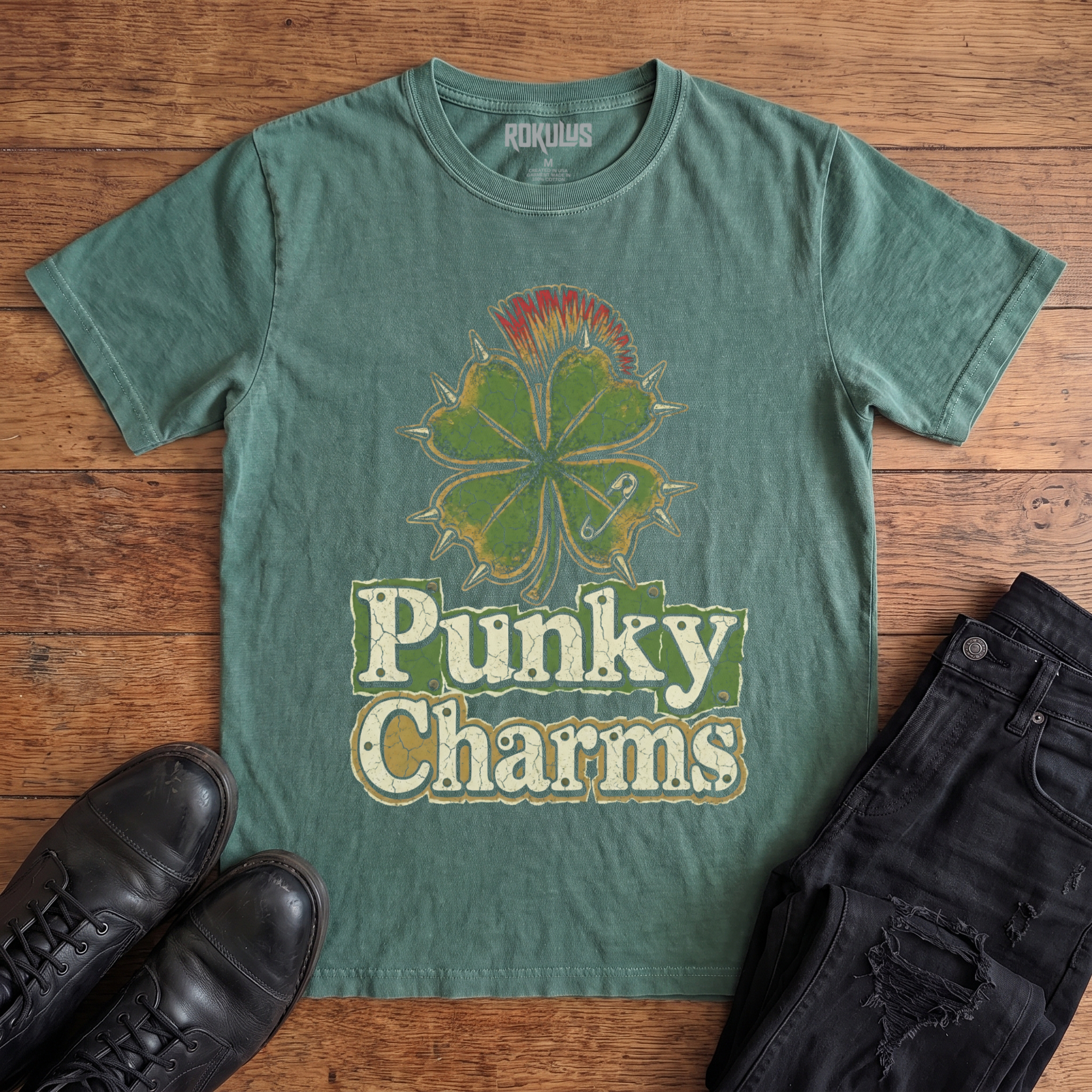 Washed pine Rokulus Punky Charms vintage graphic tee laid flat on wood with black boots and jeans, front print showing a spiked four-leaf clover with a red mohawk and safety pin in distressed green and gold above cracked "Punky Charms" lettering