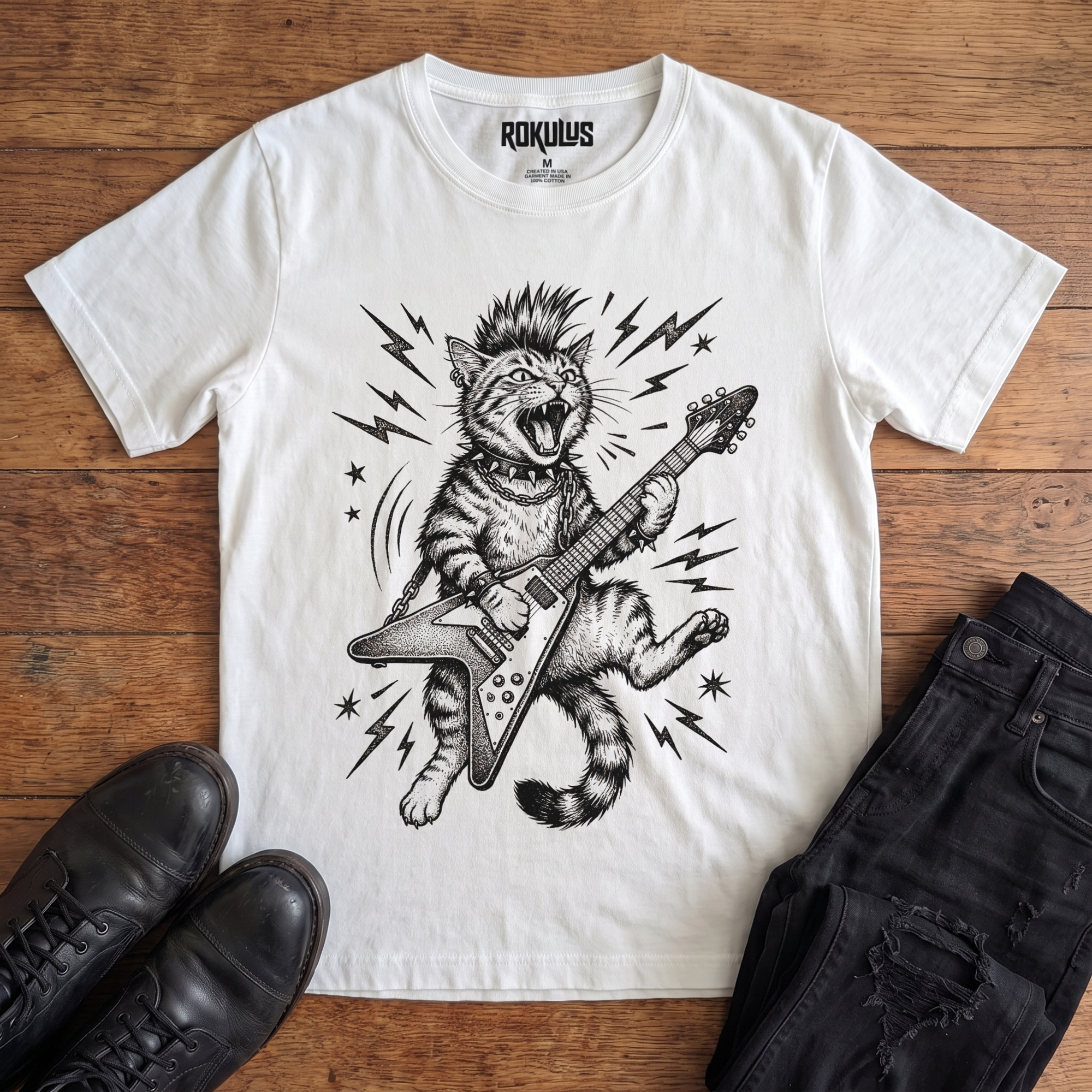 White Rokulus Rocking Cat vintage graphic tee laid flat on wood with black boots and jeans, front print showing a mohawked cat shredding a Flying V guitar in bold black linework with lightning bolts and stars