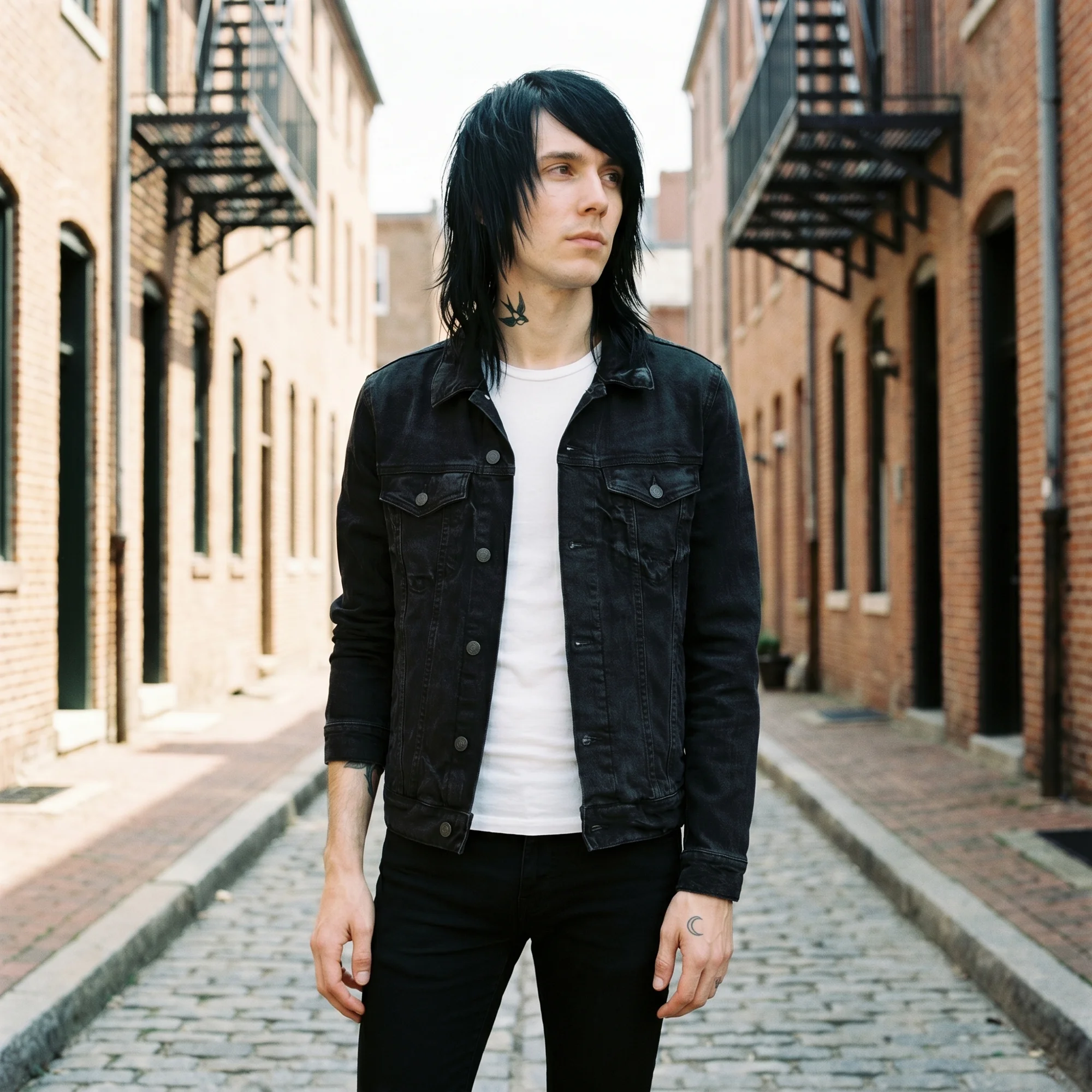 Man with long black hair wearing a black denim jacket over a white tee, front view, standing on a cobblestone alley between brick row houses