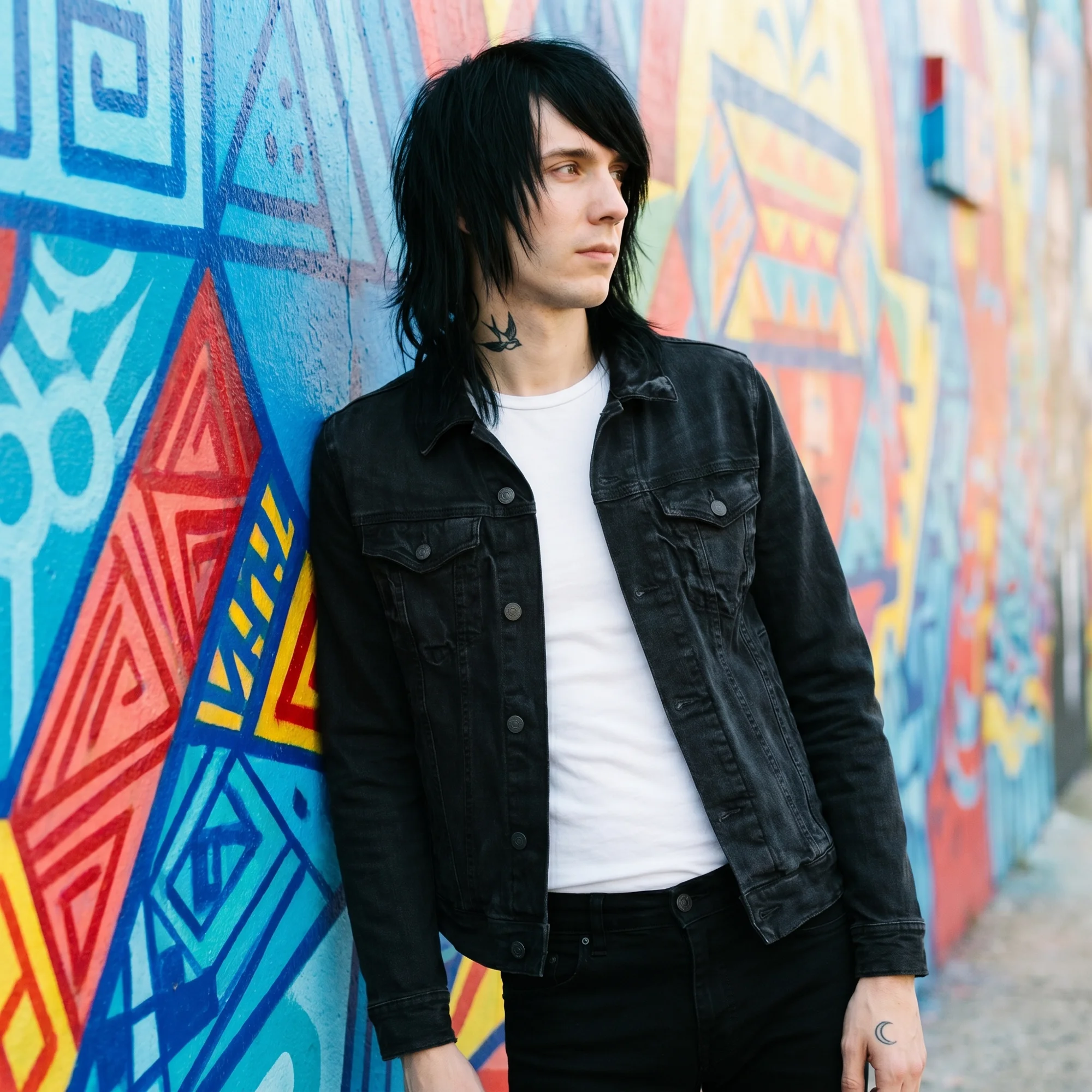 Man with long black hair wearing a black denim jacket over a white tee, leaning against a colorful graffiti mural, side view