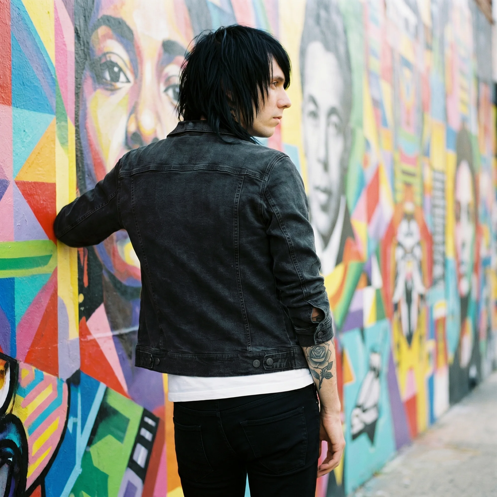 Man with long black hair wearing a black denim jacket, back view, leaning against a mural-covered wall showing the trucker seam detailing