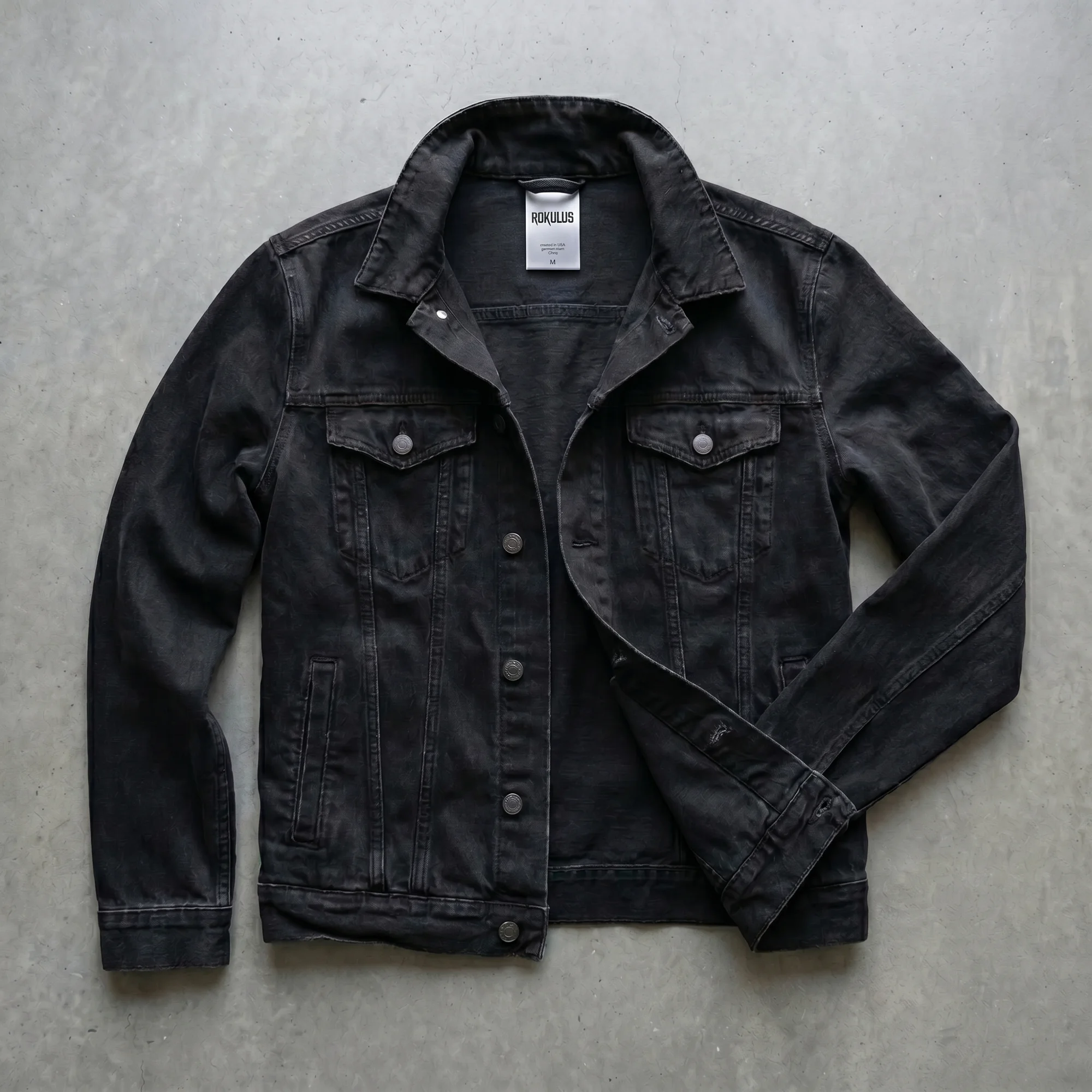 Black denim jacket laid flat on concrete, open to show the contrast stitching, chest pockets, metal buttons, and printed Rokulus neck label