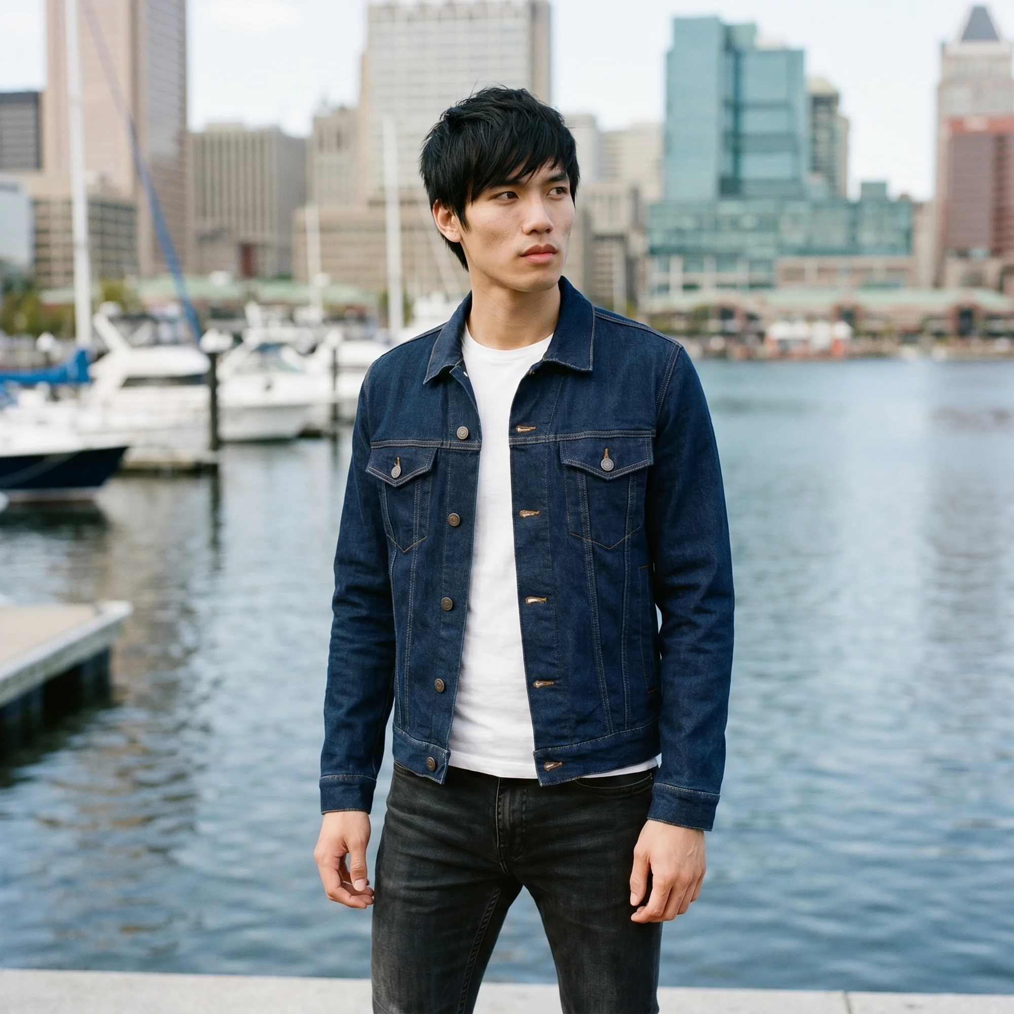 Man with dark hair wearing a Classic Indigo denim jacket, front view, standing at the Baltimore harbor with the skyline behind him