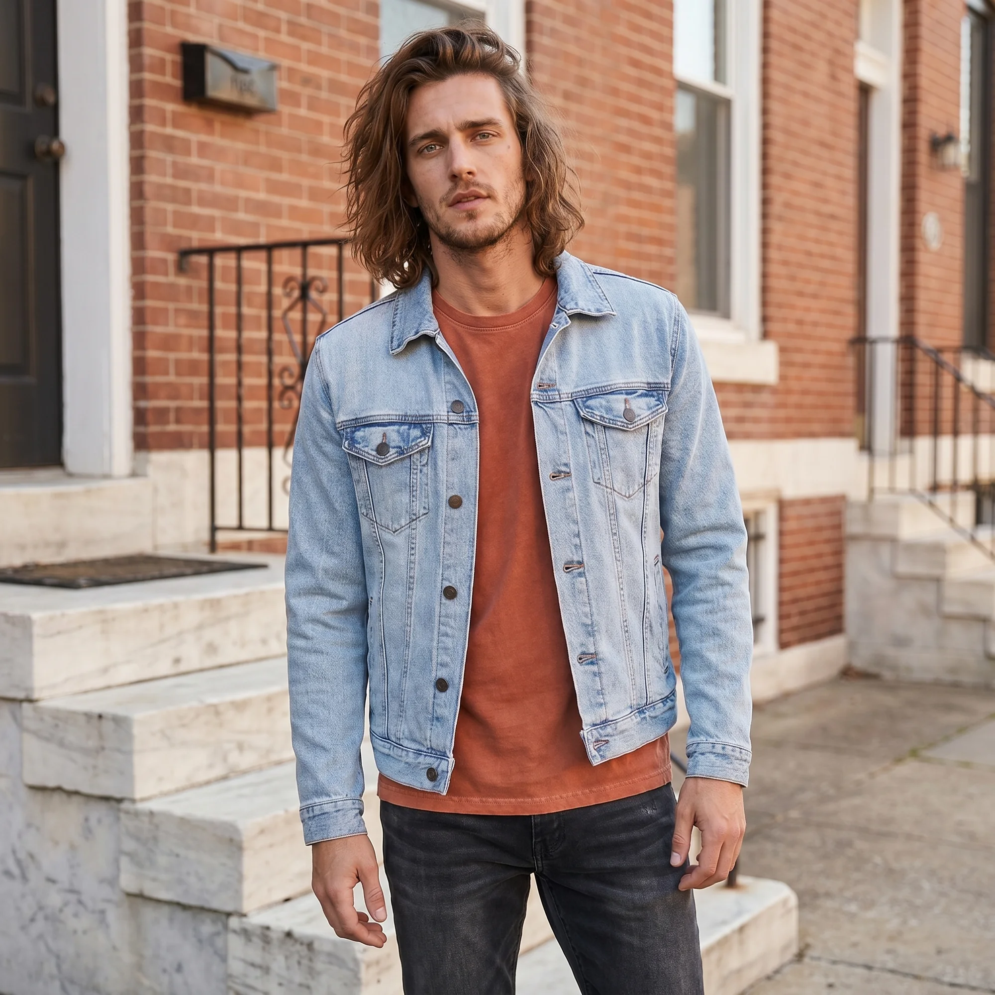 Man with long wavy hair wearing a light wash denim jacket over a rust tee, front view, standing outside a brick row house