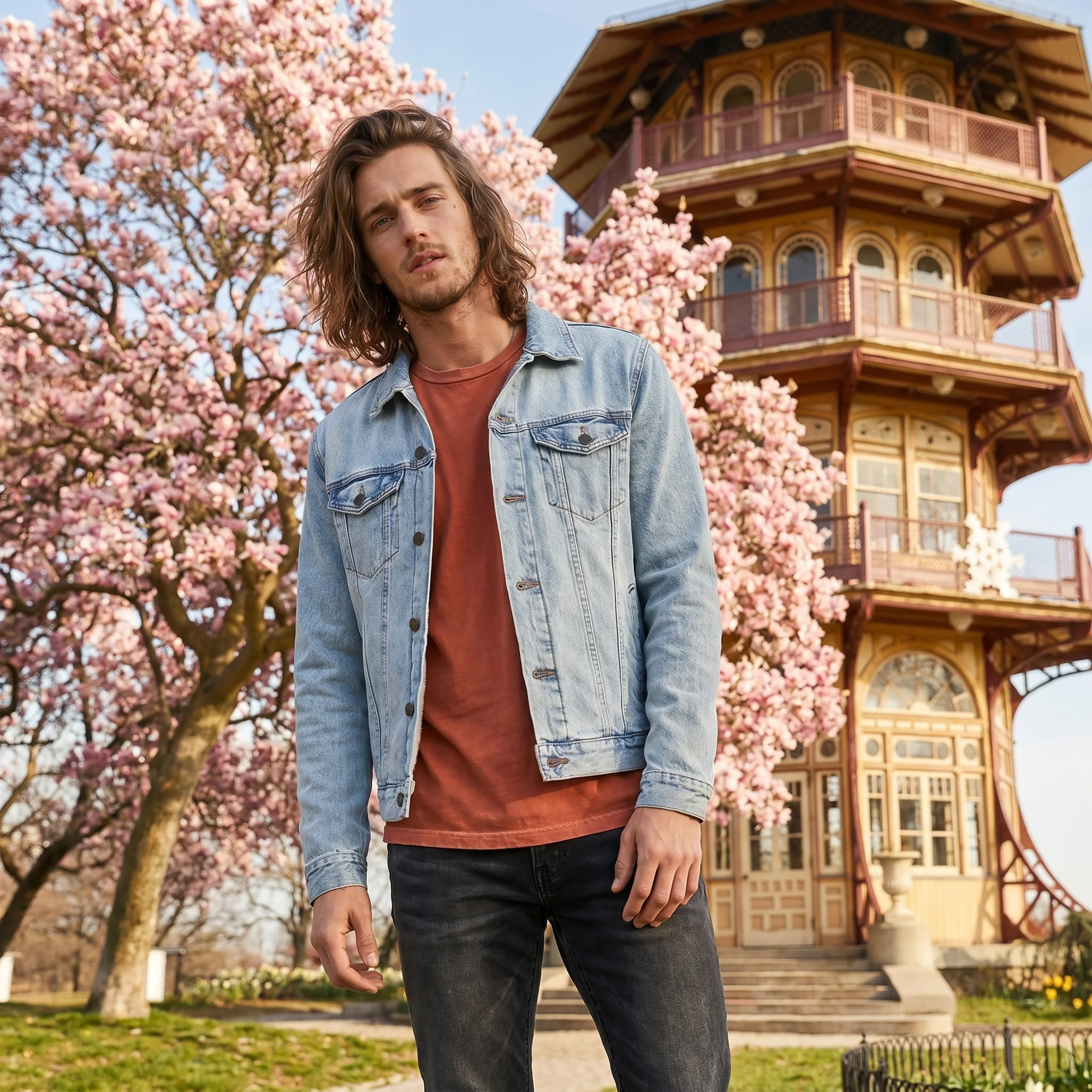 Man with long wavy hair wearing a light wash denim jacket over a rust tee, standing in front of the Patterson Park pagoda with cherry blossoms behind him