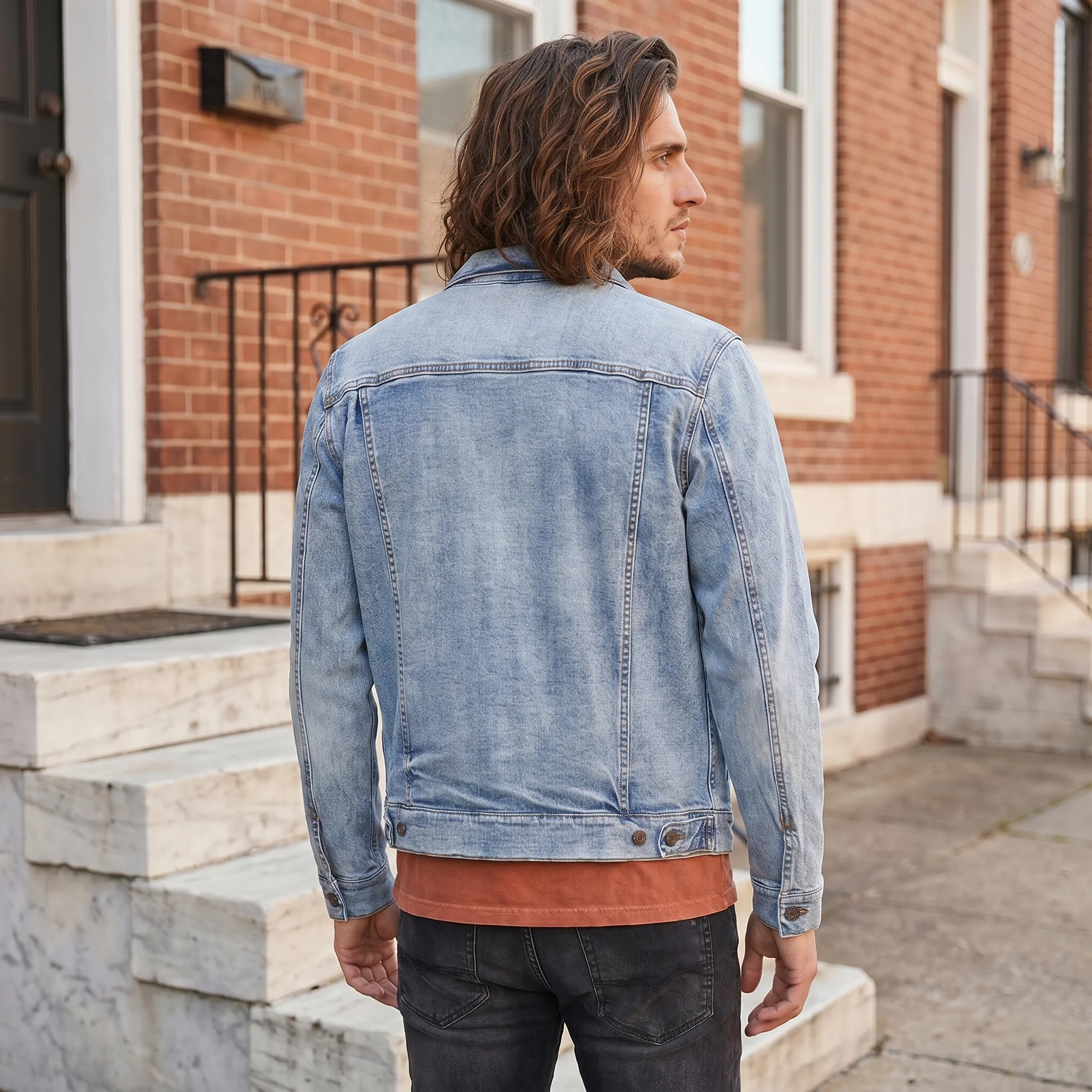 Man with long wavy hair wearing a light wash denim jacket, back view, showing the trucker seam detailing outside a brick row house
