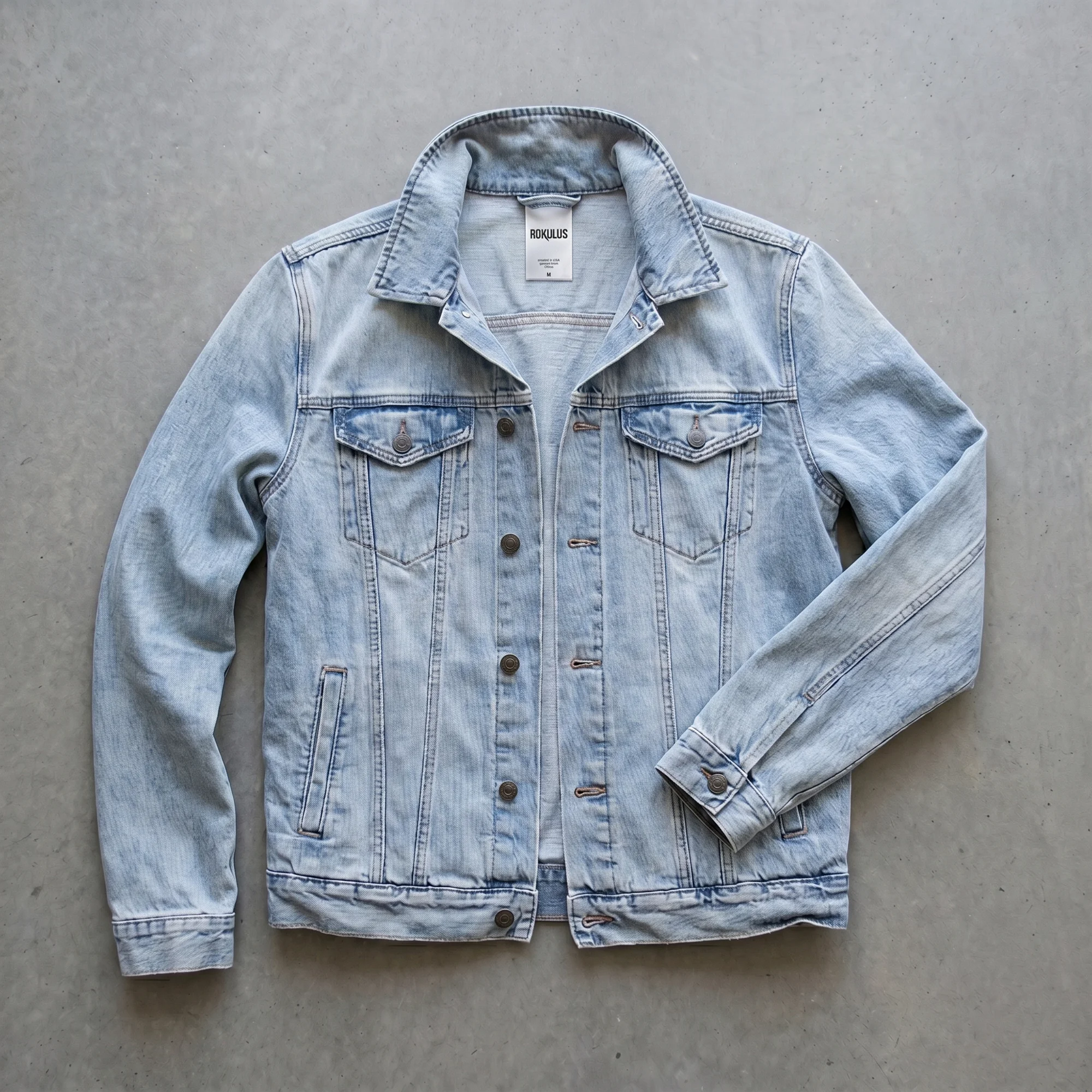 Light wash denim jacket laid flat on concrete, open to show the faded wash, contrast stitching, chest pockets, metal buttons, and printed Rokulus neck label