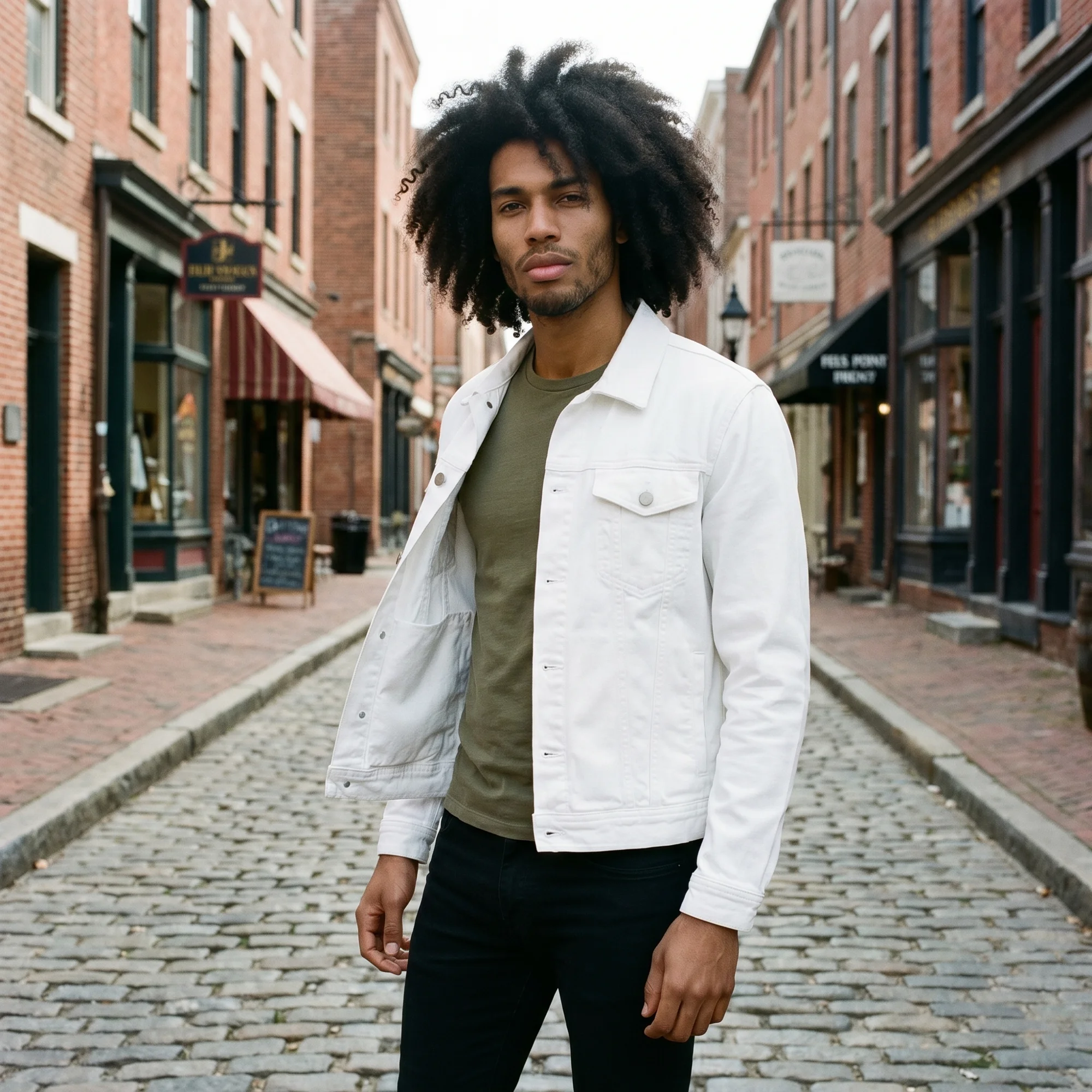 Man with an afro wearing a white denim jacket over an olive tee, front view, standing on a cobblestone street in Fells Point, Baltimore