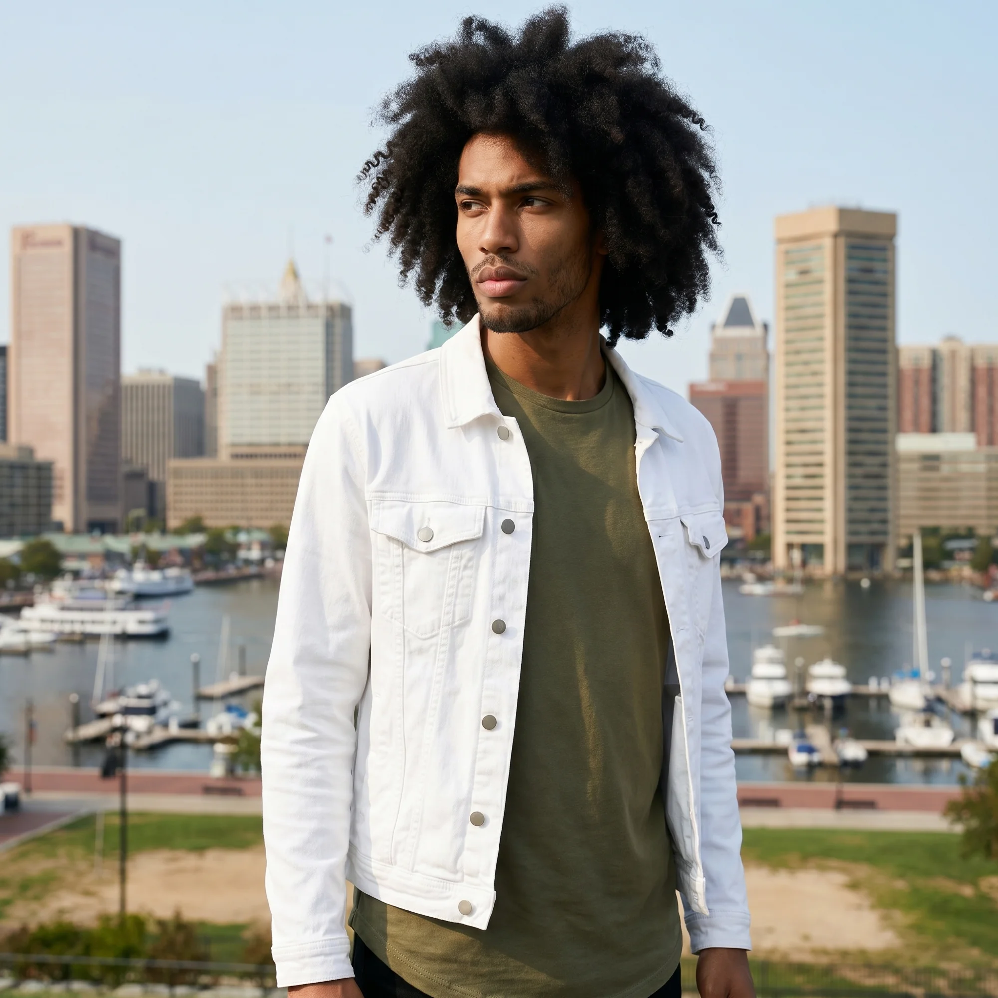 Man with an afro wearing a white denim jacket over an olive tee, standing at the Baltimore Inner Harbor with the skyline and marina behind him