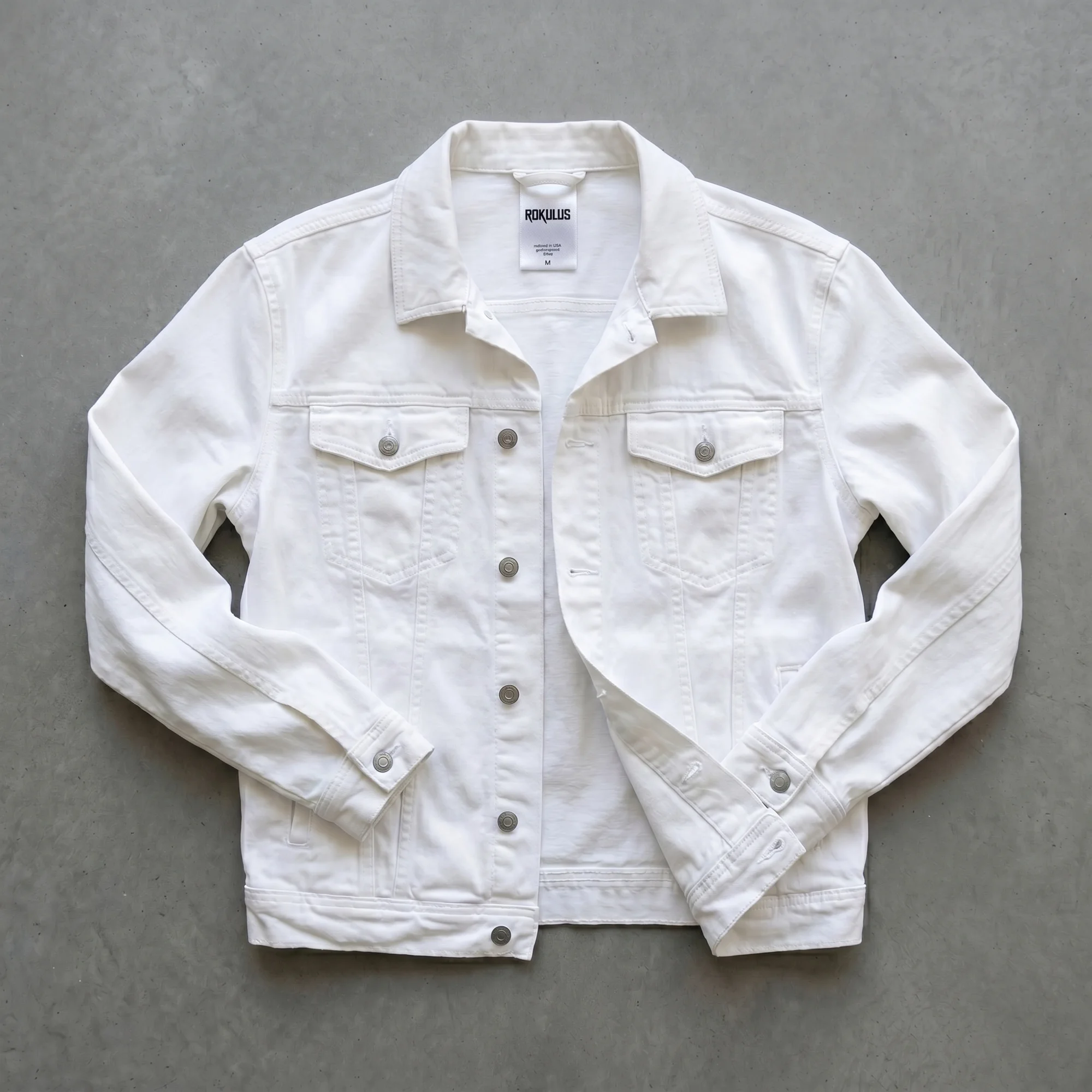 White denim jacket laid flat on concrete, open to show the contrast stitching, chest pockets, metal buttons, and printed Rokulus neck label