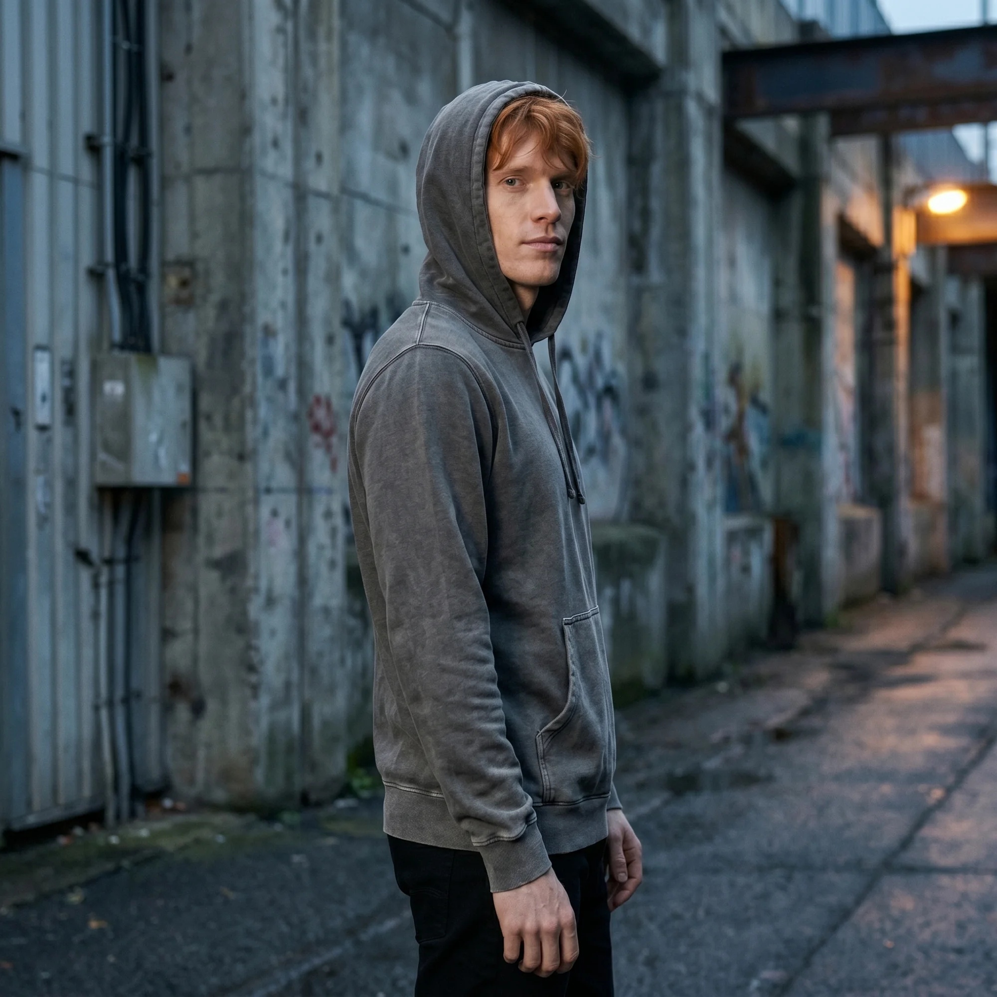 Man wearing a black pigment dye hoodie with the hood up, side view