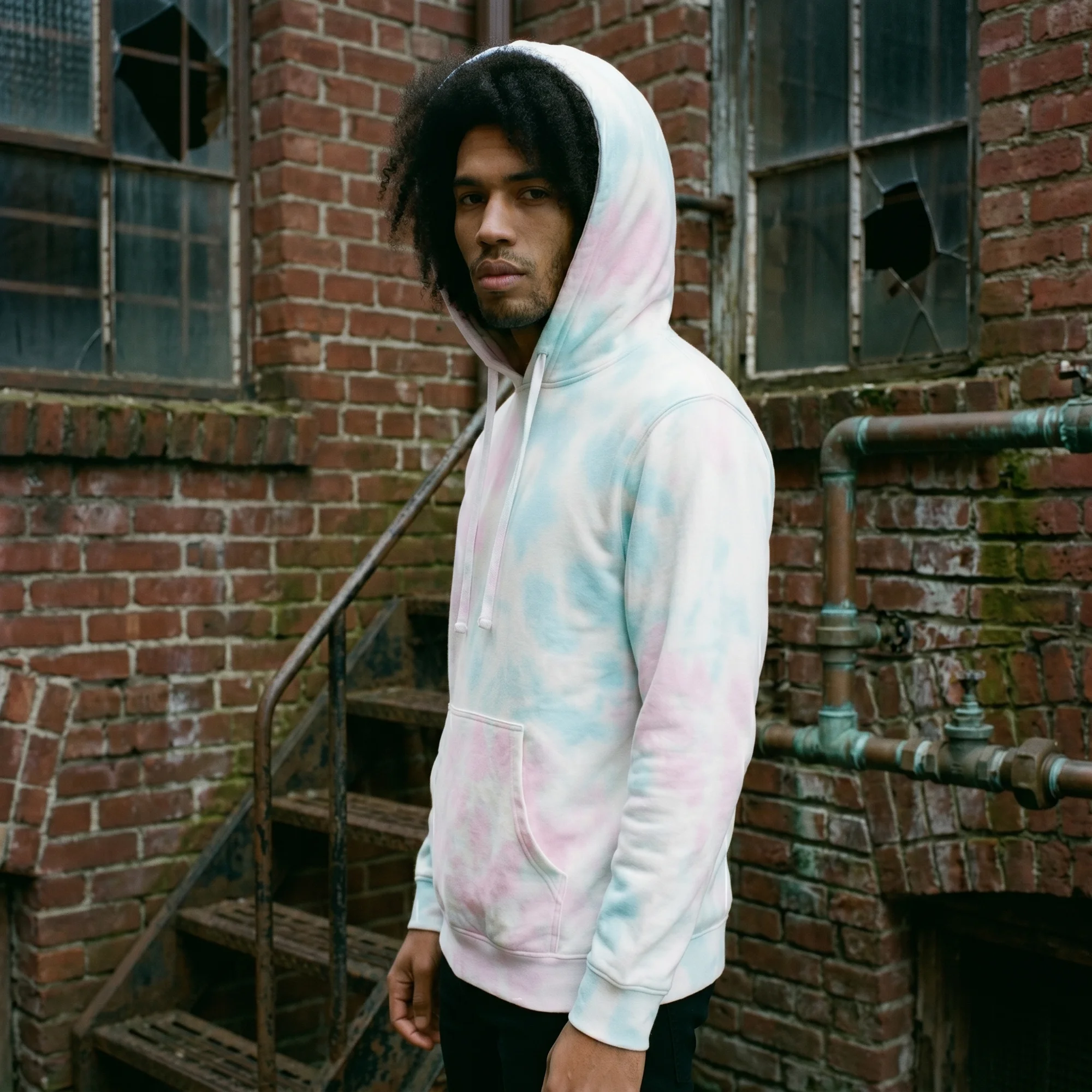 Man wearing an cotton candy tie-dye hoodie with the hood up, side view