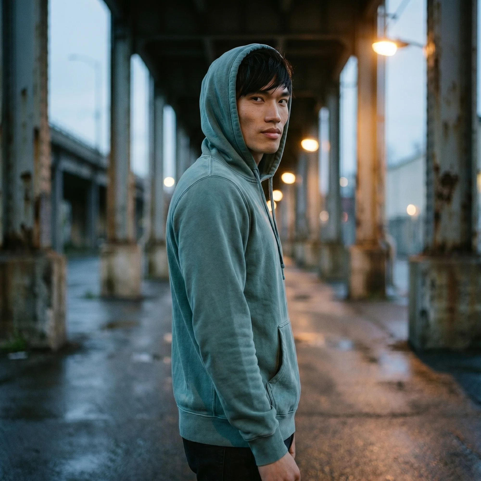 Man wearing a alpine green pigment dye hoodie with the hood up, side view