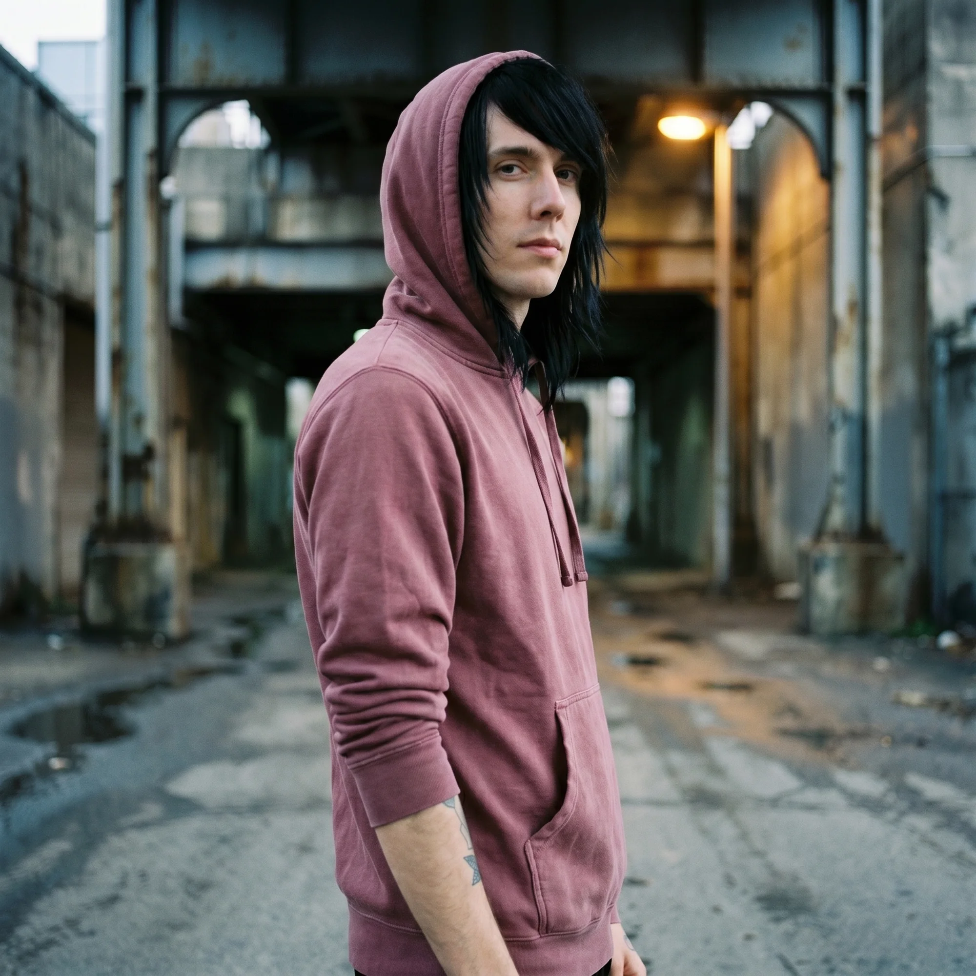 Man wearing a maroon pigment dye hoodie with the hood up, side view
