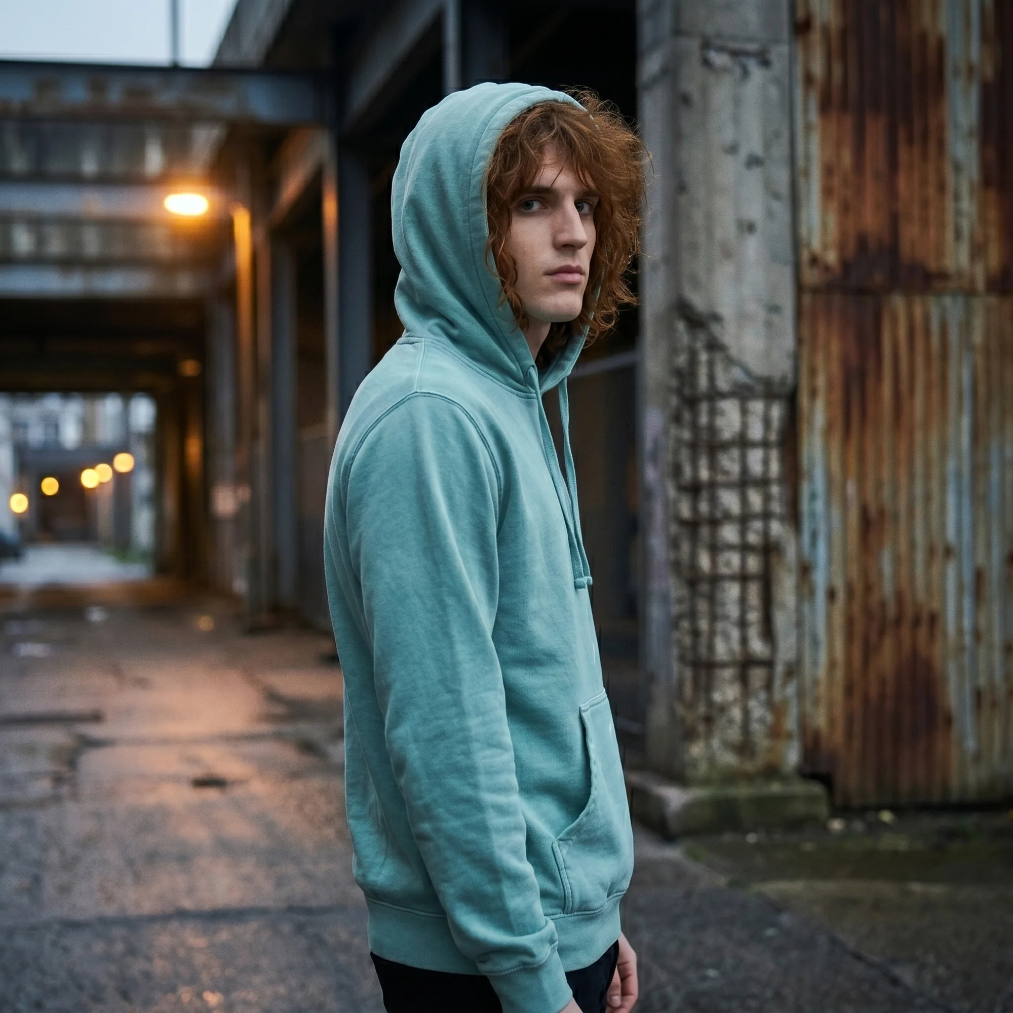 Man wearing a mint pigment dye hoodie with the hood up, side view