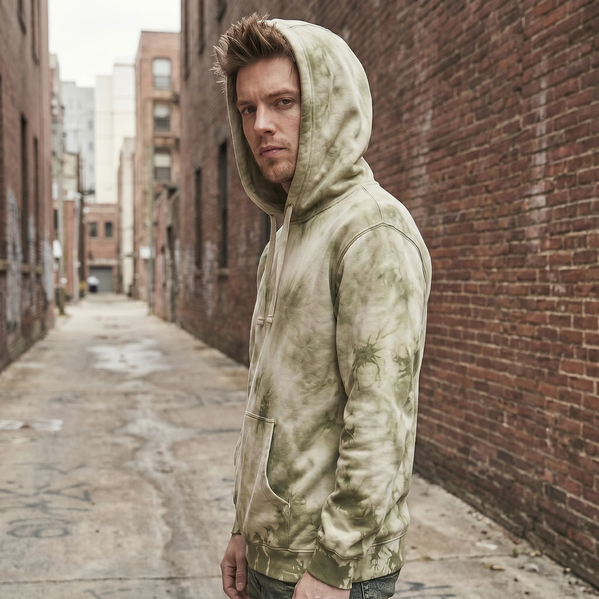 Man wearing an olive tie-dye hoodie with the hood up, side view