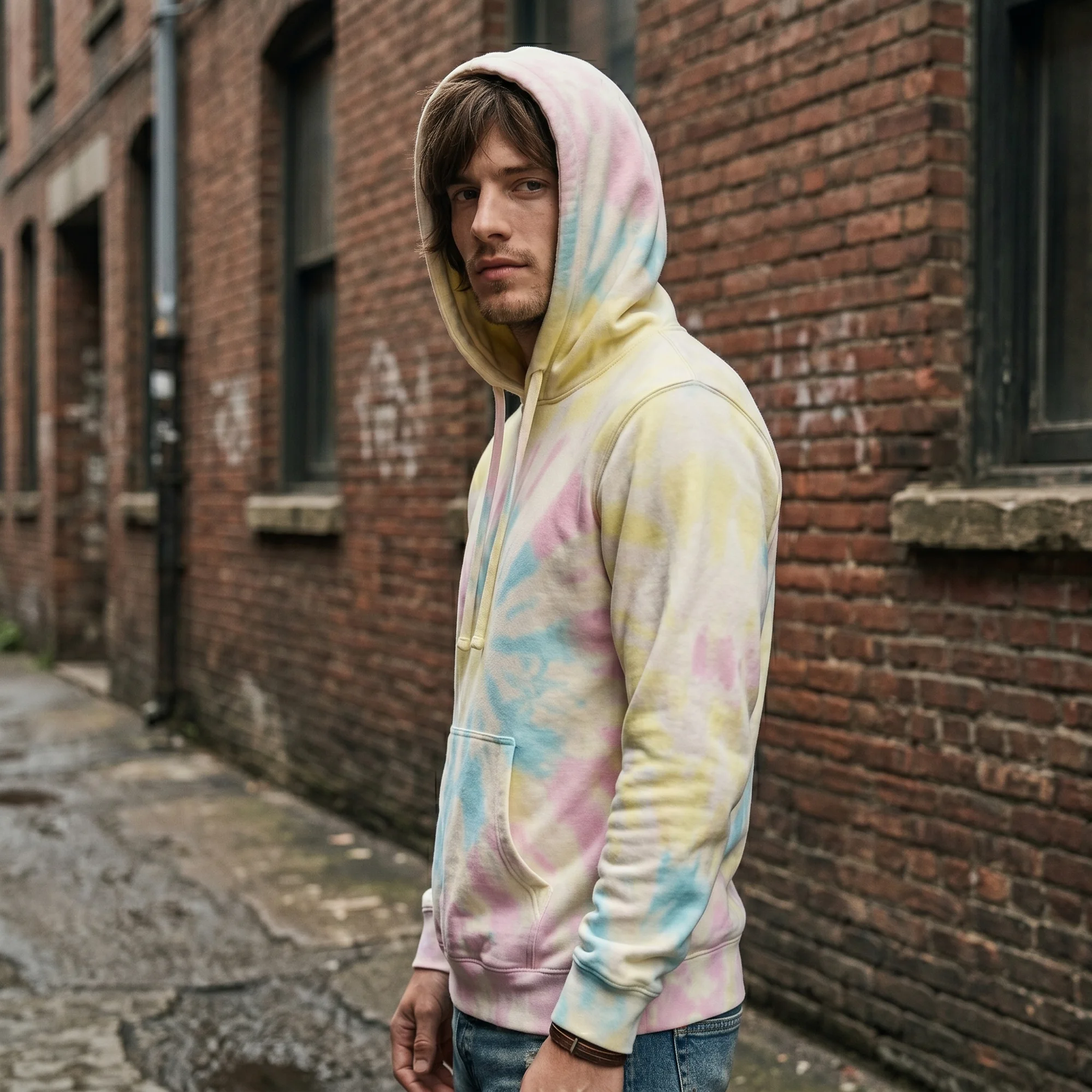 Man wearing an sunset swirl tie-dye hoodie with the hood up, side view