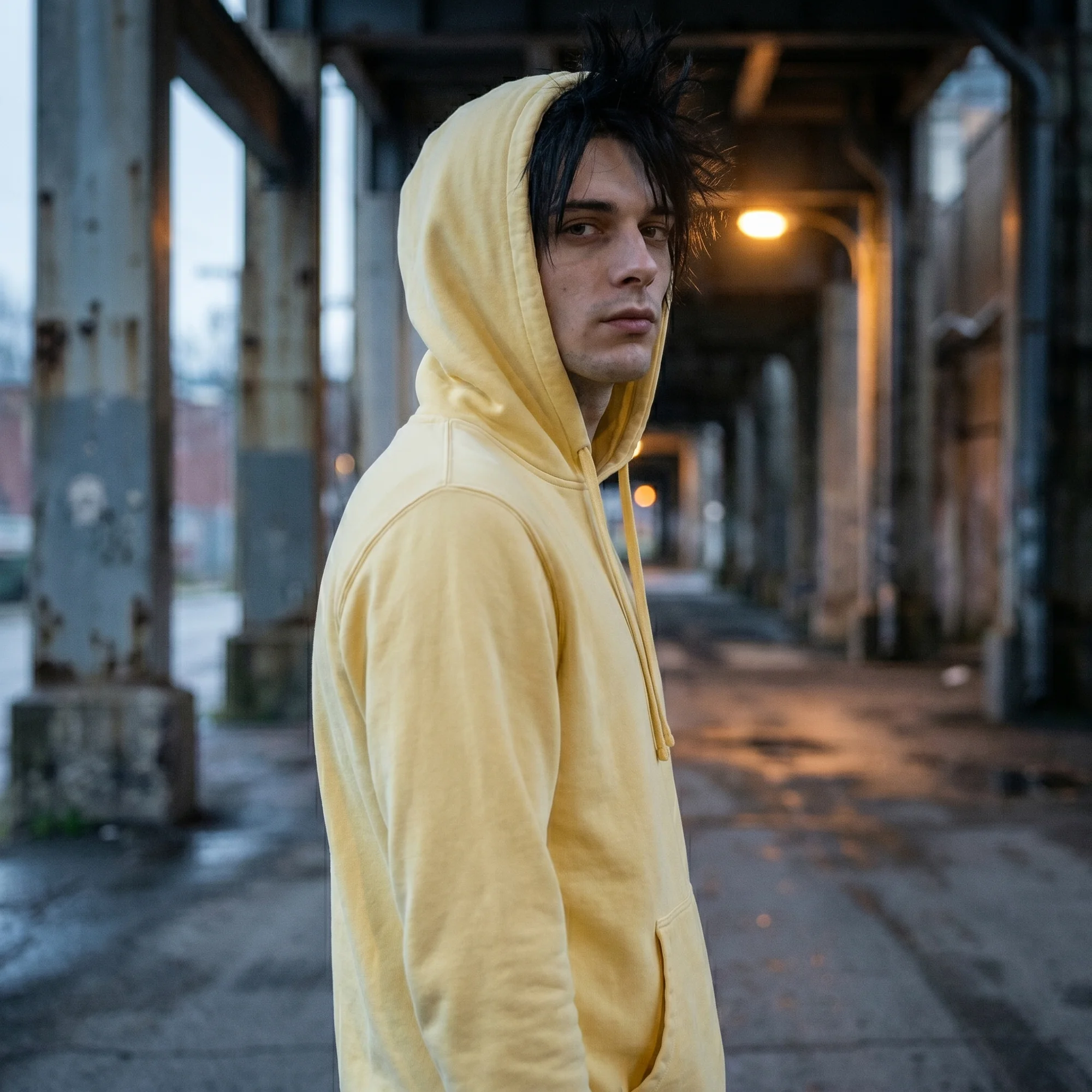 Man wearing a yellow pigment dye hoodie with the hood up, side view
