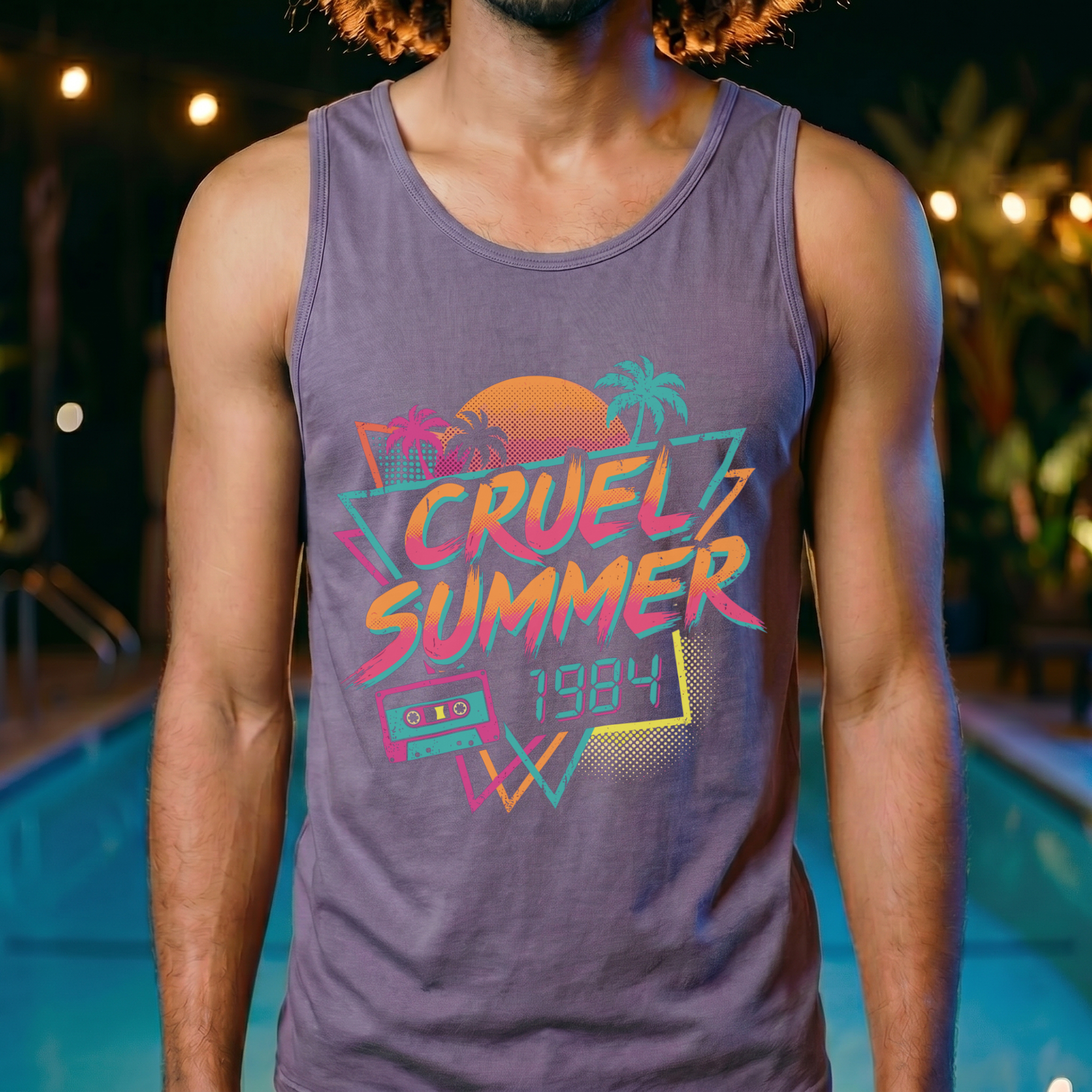 Close-up front view of a man wearing a heather purple tank top with the Cruel Summer 1984 synthwave graphic — sunset, palm trees, and cassette tape