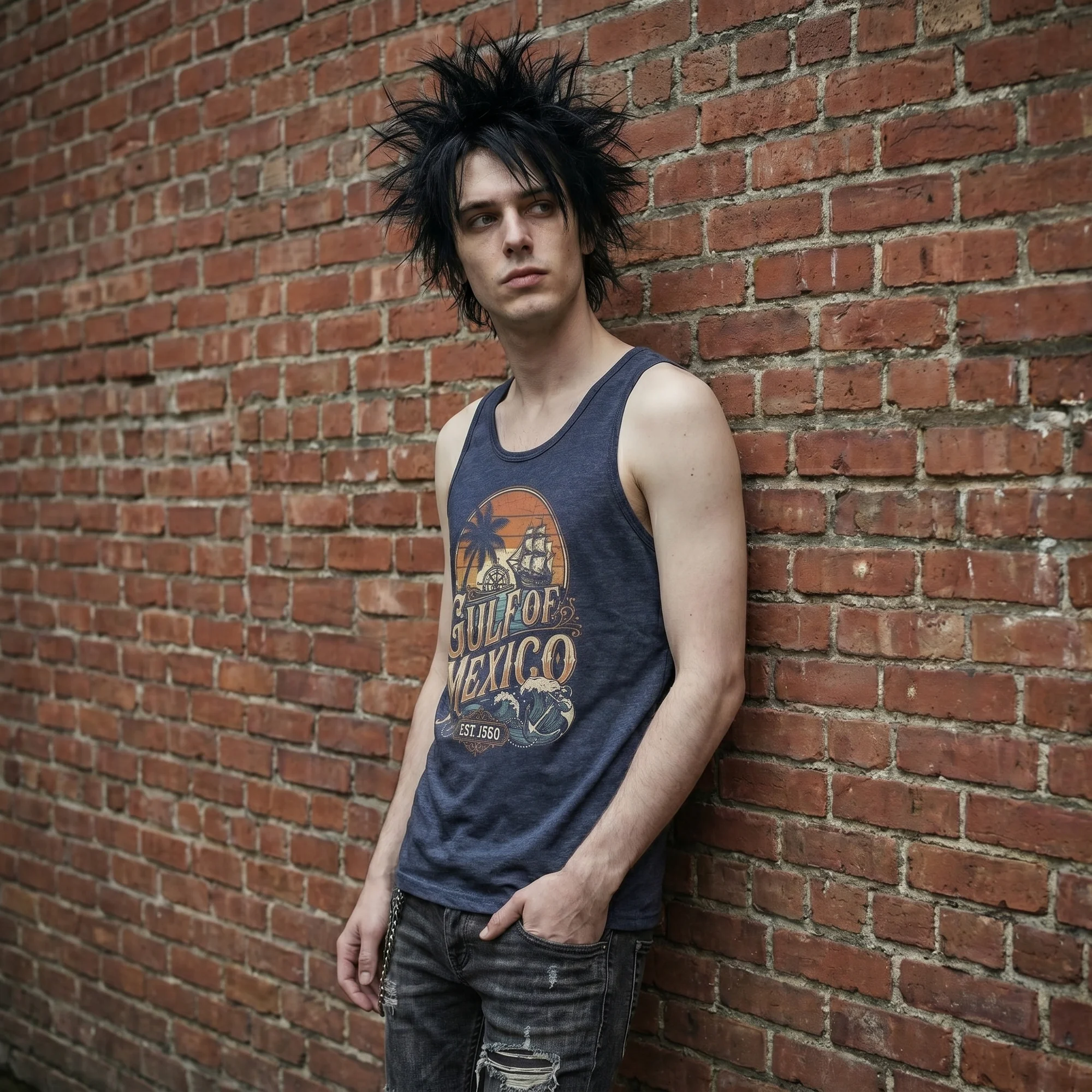 Man with dark hair leaning against a brick wall wearing a heather navy Gulf of Mexico tank top, side view