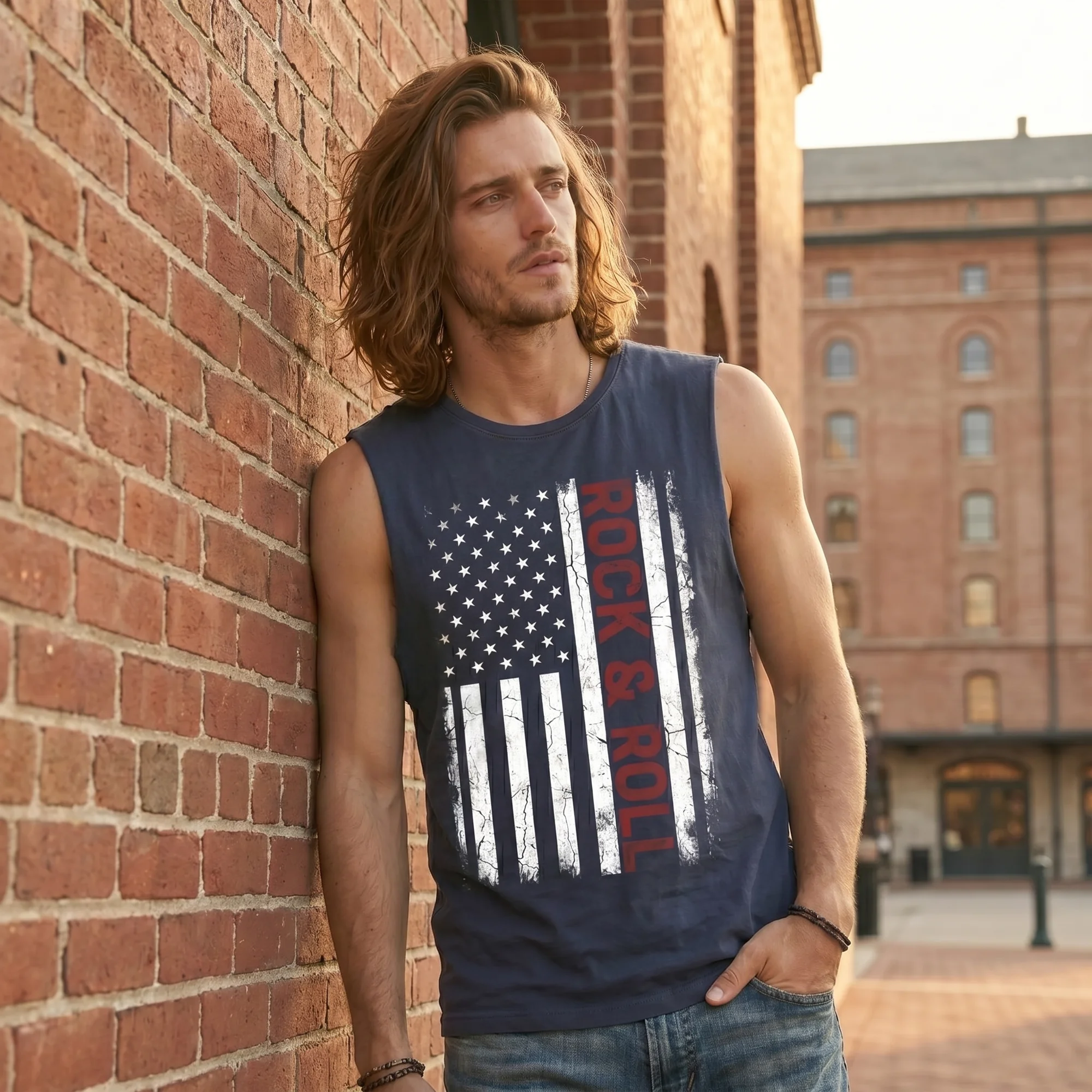 Man with long hair leaning against a brick wall wearing a blue stone wash American Rock & Roll tank top, side view