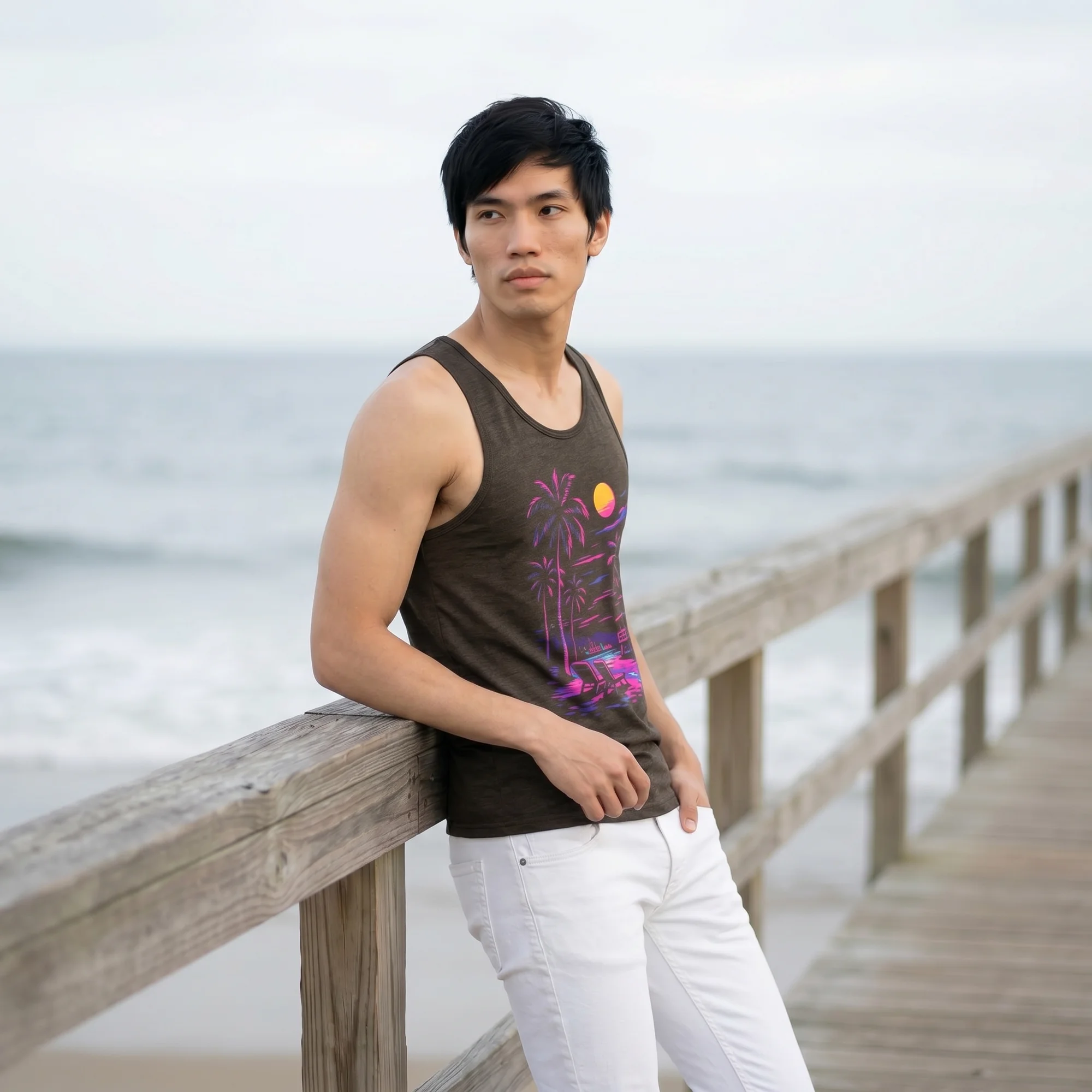 Man with dark hair leaning on a beach pier railing wearing a charcoal black triblend Retro Neon Beach tank top, side view with the ocean in the background