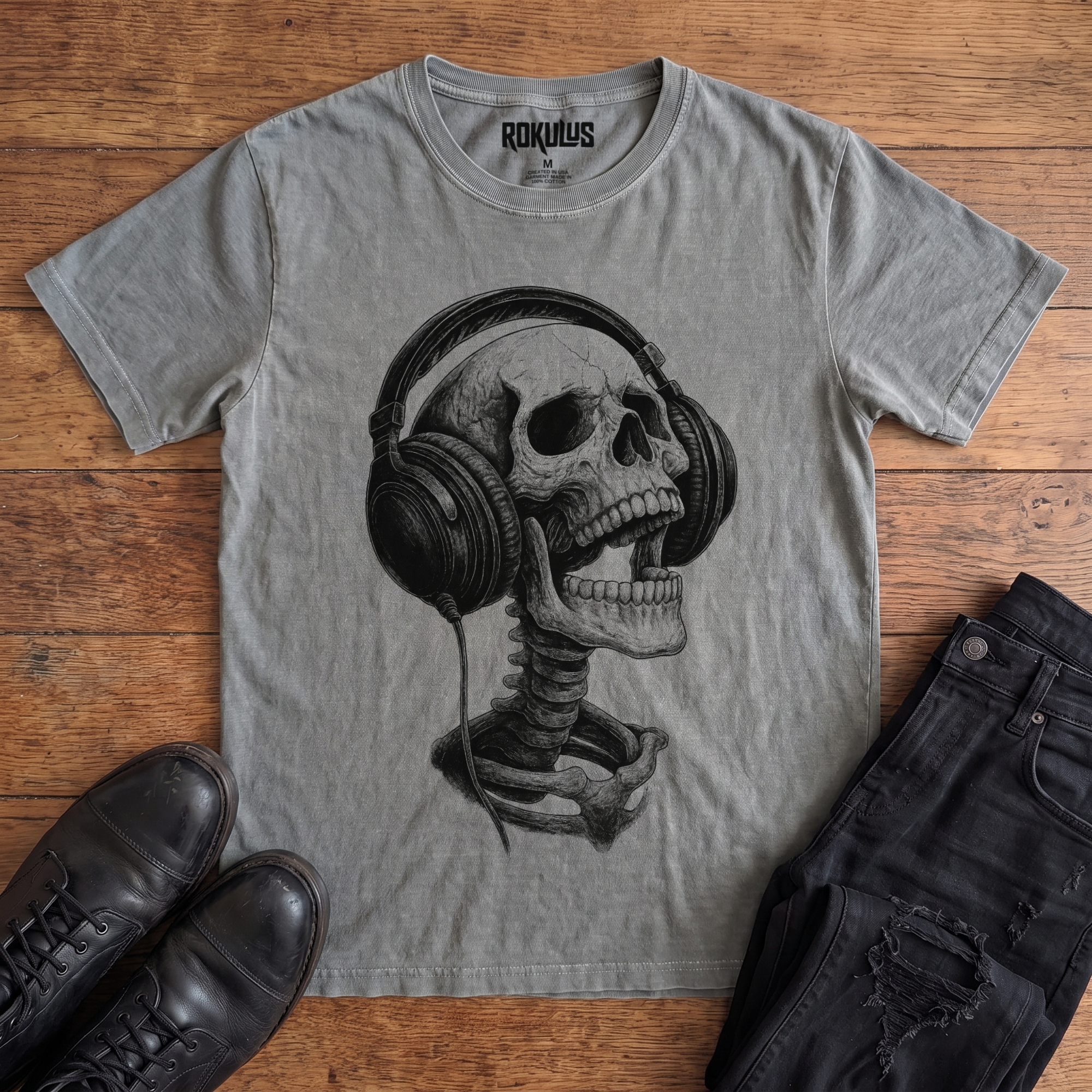 Washed grey Rokulus Skeleton Headphones vintage graphic tee laid flat on wood with black boots and jeans, front print showing a detailed skull and spine in studio headphones, head tipped back, in fine black line work