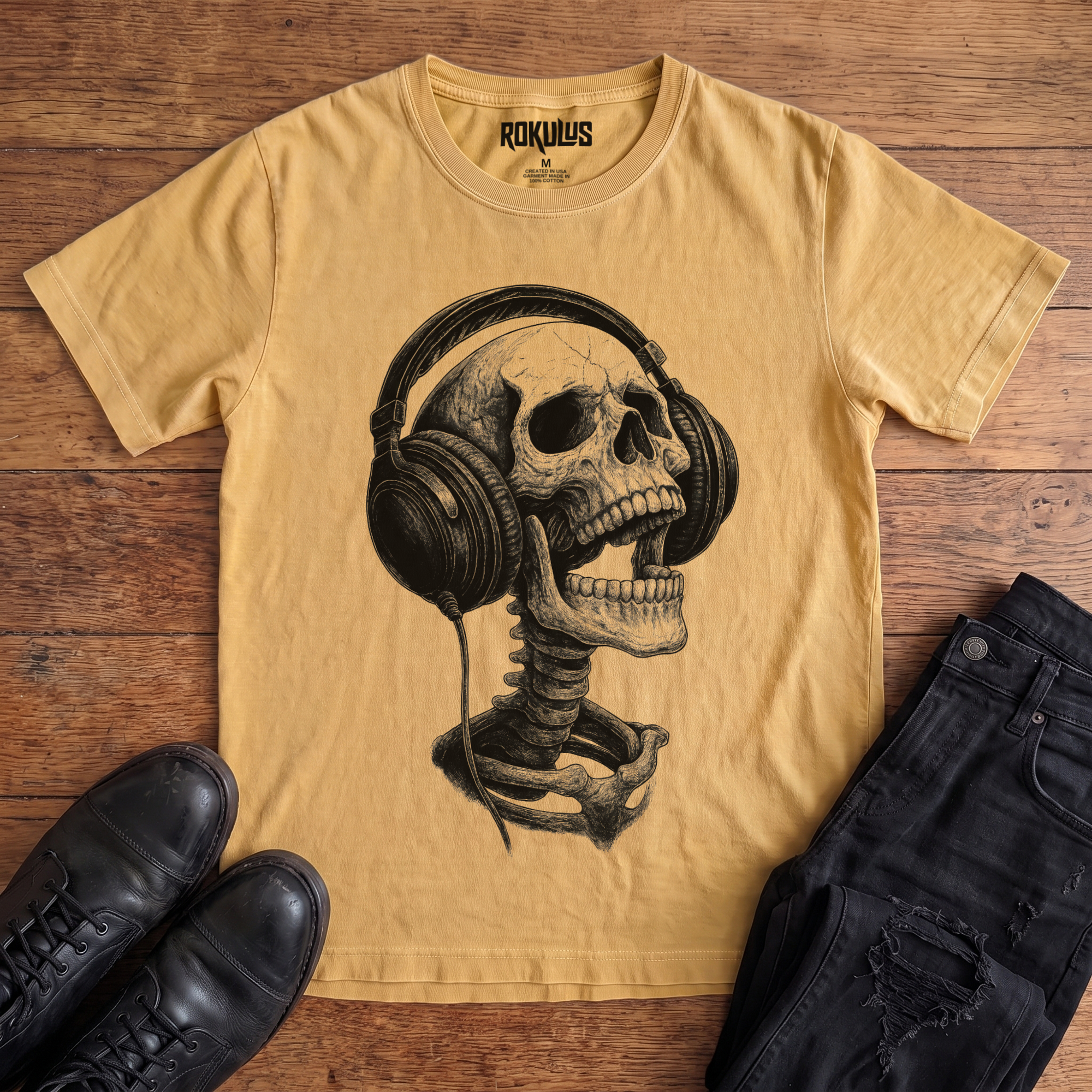 Washed mustard Rokulus Skeleton Headphones vintage graphic tee laid flat on wood with black boots and jeans, front print showing a detailed skull and spine in studio headphones, head tipped back, in fine black line work