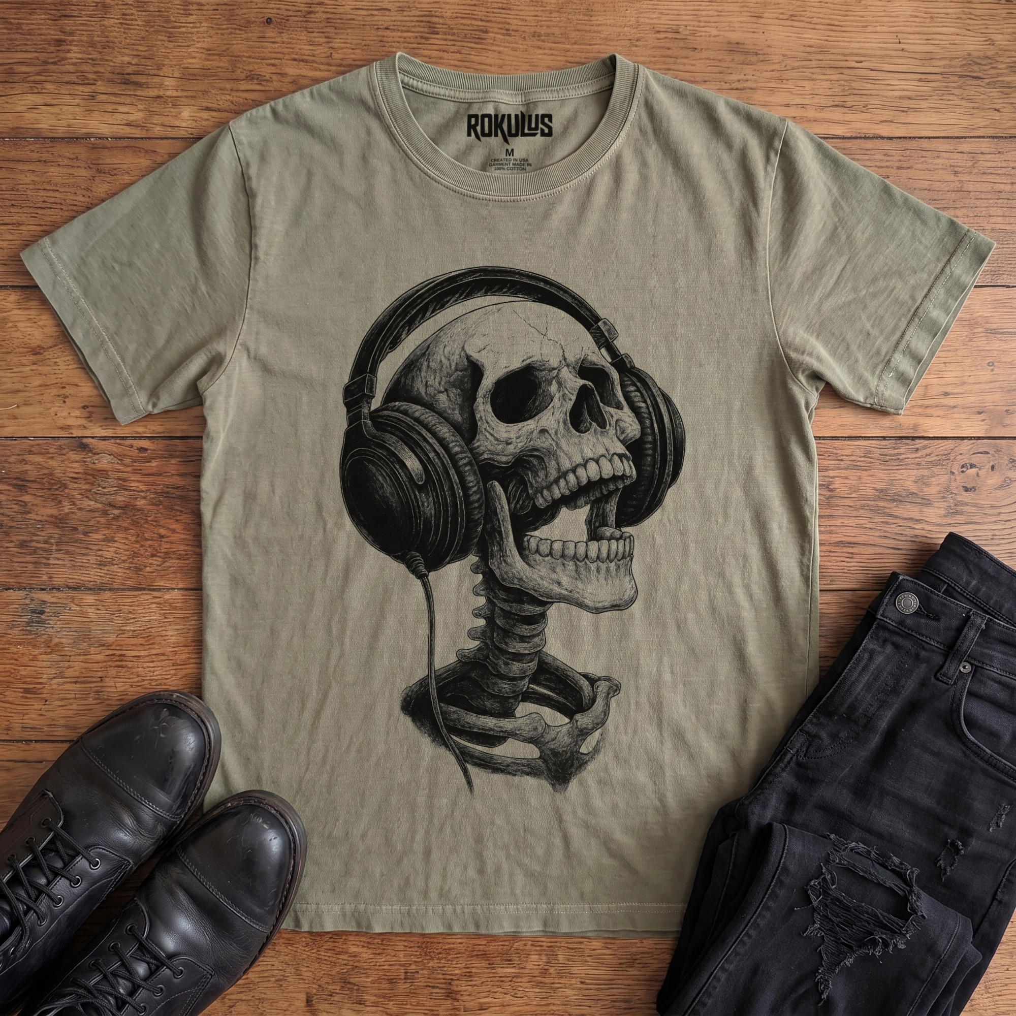 Washed olive Rokulus Skeleton Headphones vintage graphic tee laid flat on wood with black boots and jeans, front print showing a detailed skull and spine in studio headphones, head tipped back, in fine black line work