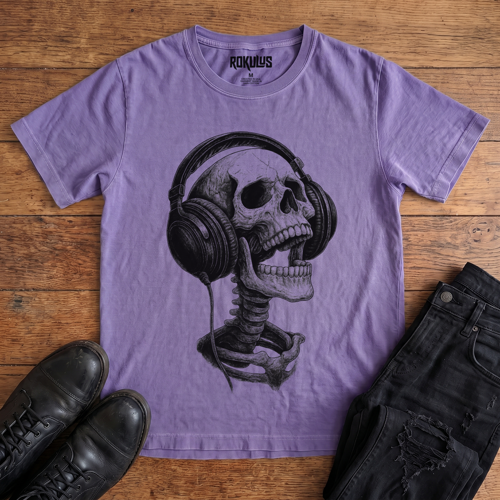 Washed purple Rokulus Skeleton Headphones vintage graphic tee laid flat on wood with black boots and jeans, front print showing a detailed skull and spine in studio headphones, head tipped back, in fine black line work