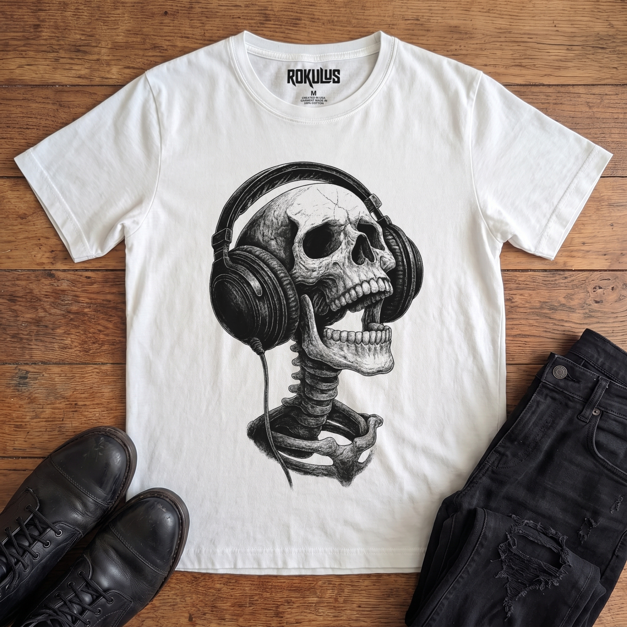 White Rokulus Skeleton Headphones vintage graphic tee laid flat on wood with black boots and jeans, front print showing a detailed skull and spine in studio headphones, head tipped back, in fine black line work