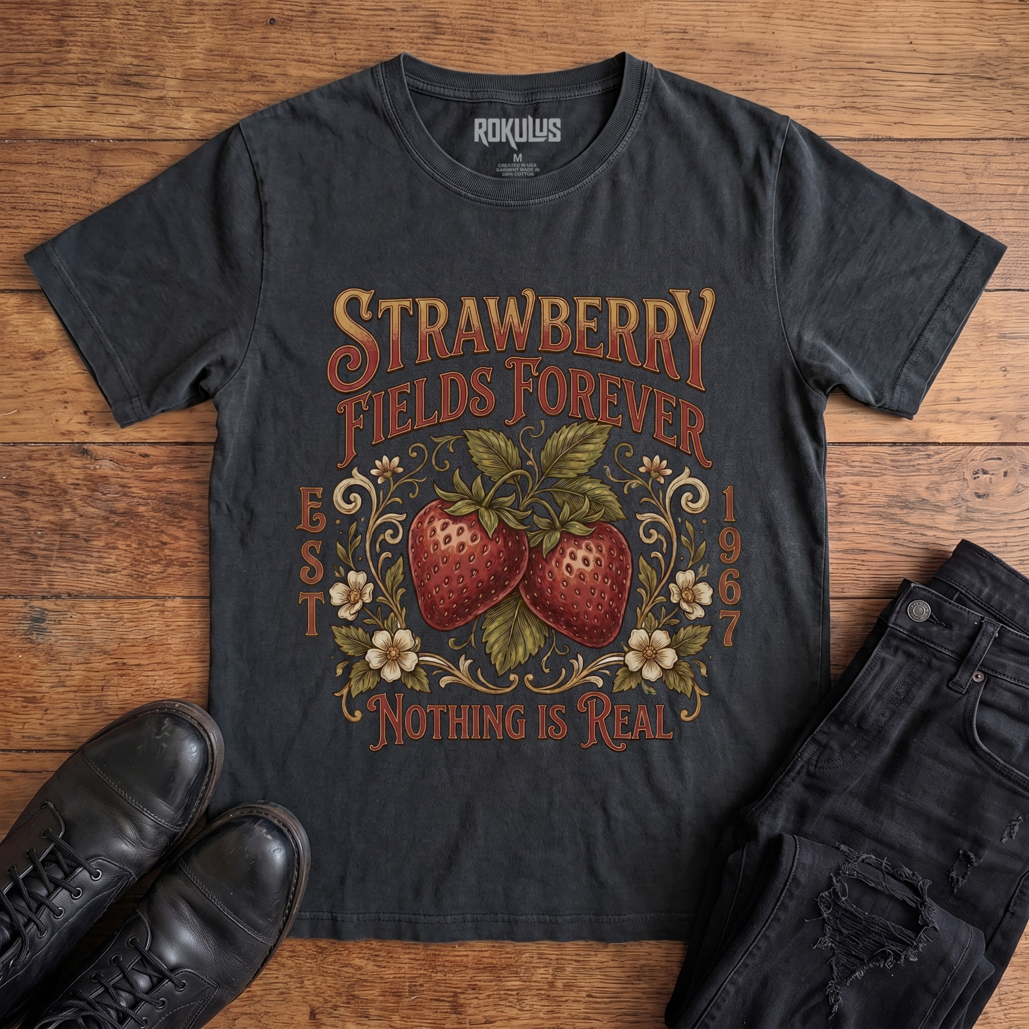 Washed black Rokulus Strawberry Fields Botanical vintage graphic tee laid flat on wood with black boots and jeans, front print showing two ripe strawberries in Victorian scrollwork and wildflowers with "Strawberry Fields Forever Nothing Is Real" lettering