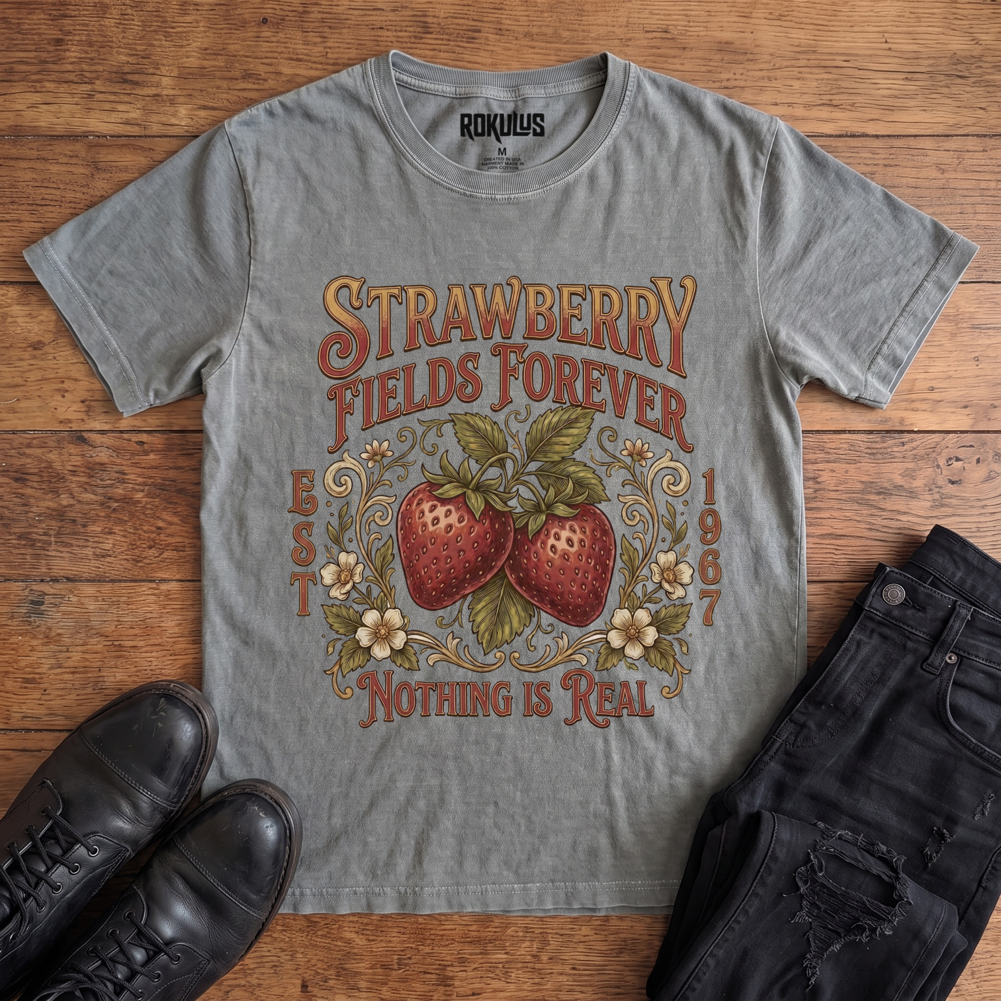 Washed grey Rokulus Strawberry Fields Botanical vintage graphic tee laid flat on wood with black boots and jeans, front print showing two ripe strawberries in Victorian scrollwork and wildflowers with "Strawberry Fields Forever Nothing Is Real" lettering