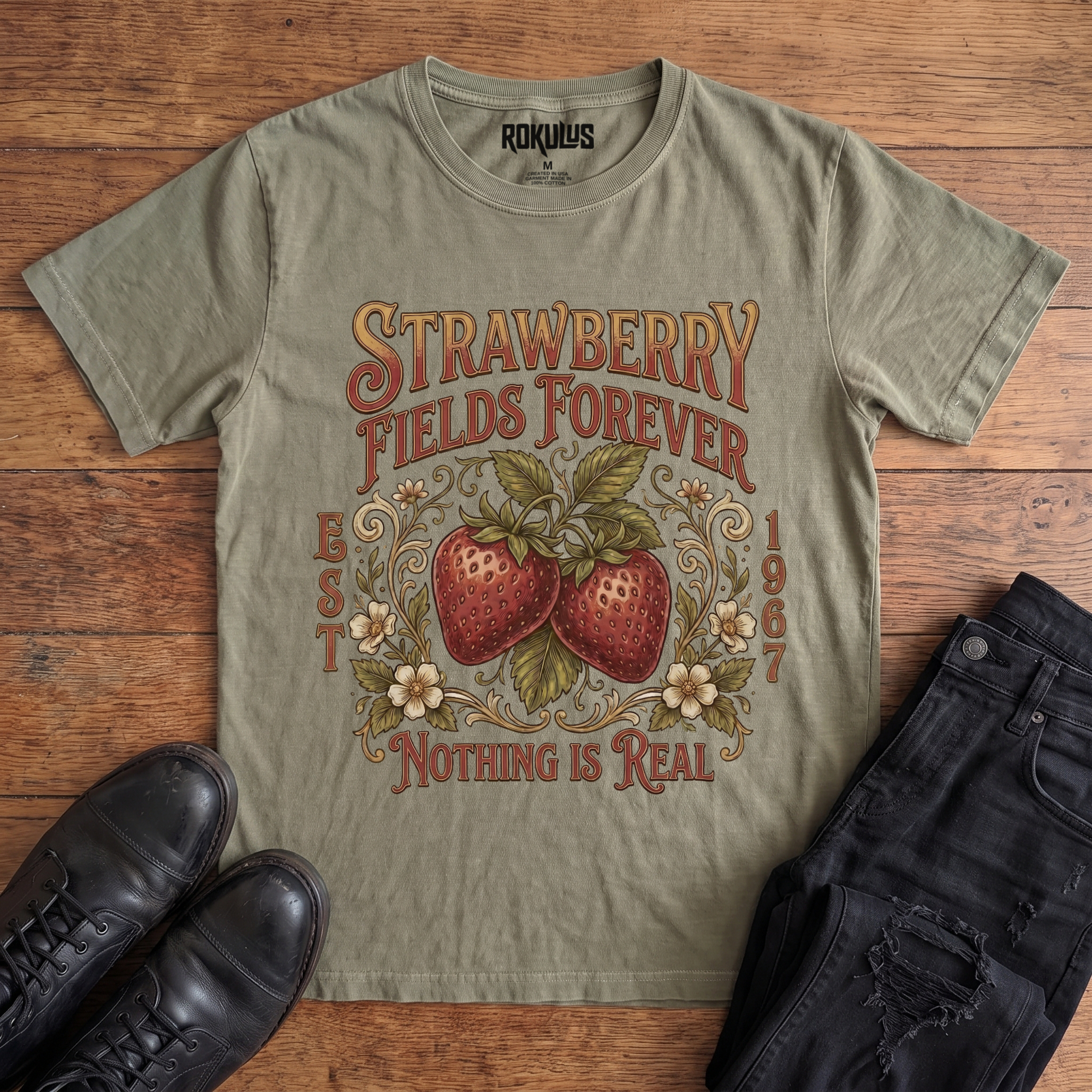 Washed olive Rokulus Strawberry Fields Botanical vintage graphic tee laid flat on wood with black boots and jeans, front print showing two ripe strawberries in Victorian scrollwork and wildflowers with "Strawberry Fields Forever Nothing Is Real" lettering