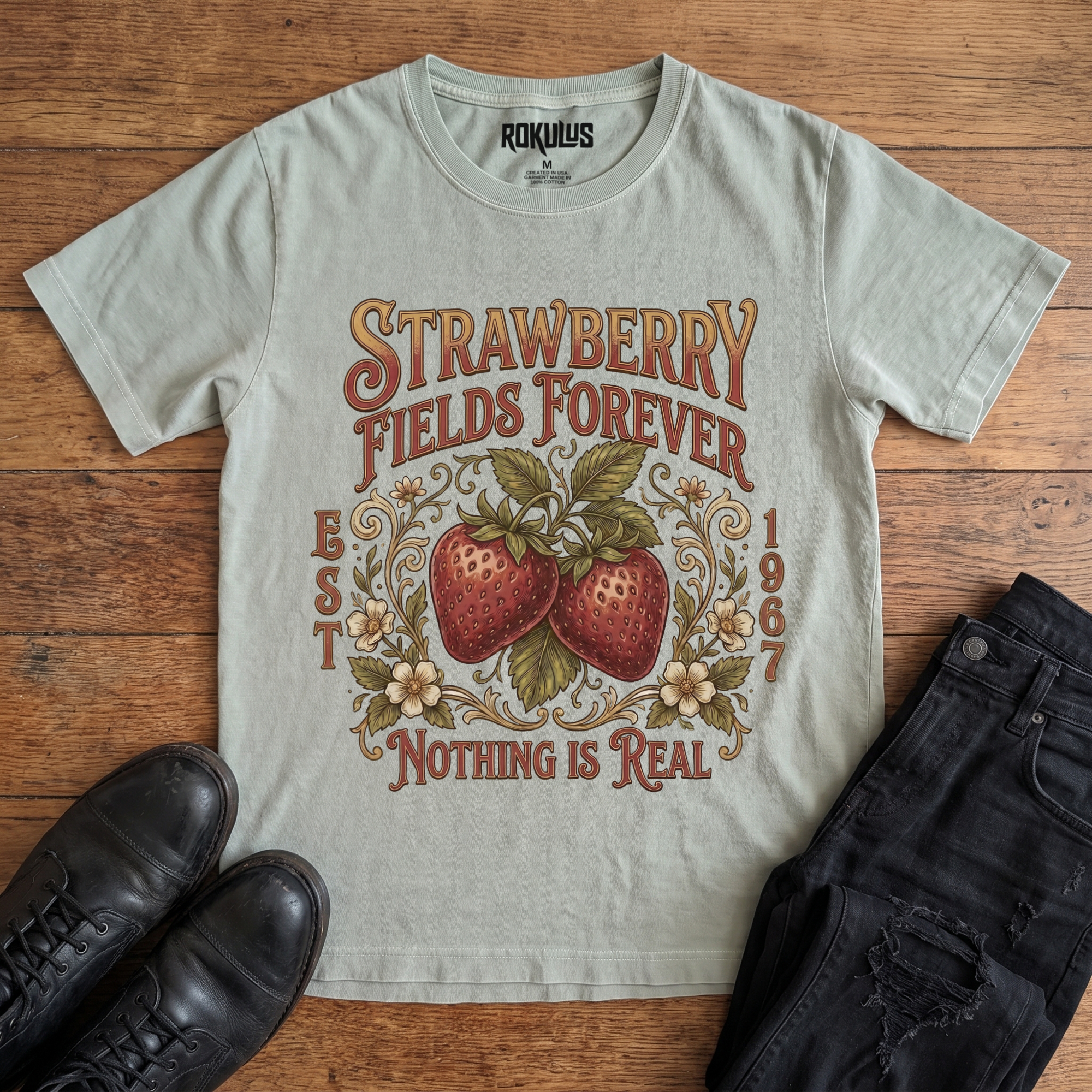 Washed thyme Rokulus Strawberry Fields Botanical vintage graphic tee laid flat on wood with black boots and jeans, front print showing two ripe strawberries in Victorian scrollwork and wildflowers with "Strawberry Fields Forever Nothing Is Real" lettering