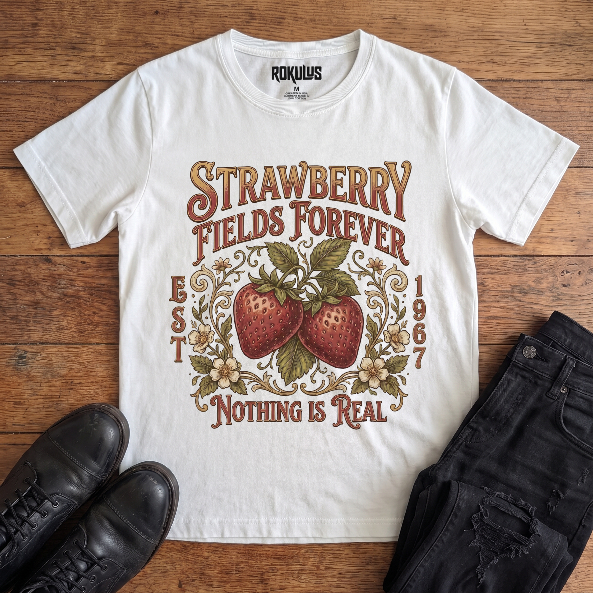 White Rokulus Strawberry Fields Botanical vintage graphic tee laid flat on wood with black boots and jeans, front print showing two ripe strawberries in Victorian scrollwork and wildflowers with "Strawberry Fields Forever Nothing Is Real" lettering