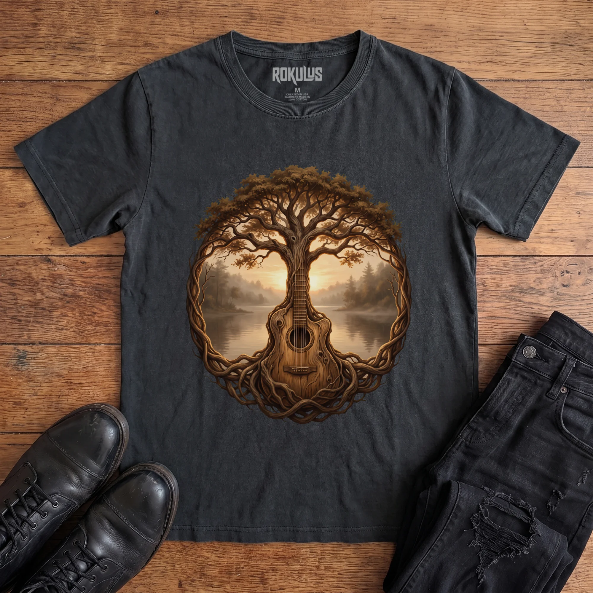 Washed black Rokulus Guitar Tree Of Life vintage graphic tee laid flat on wood with black boots and jeans, front print showing an acoustic guitar growing as a tree of life with spreading branches and roots framing a misty lake and sunset in warm sepia