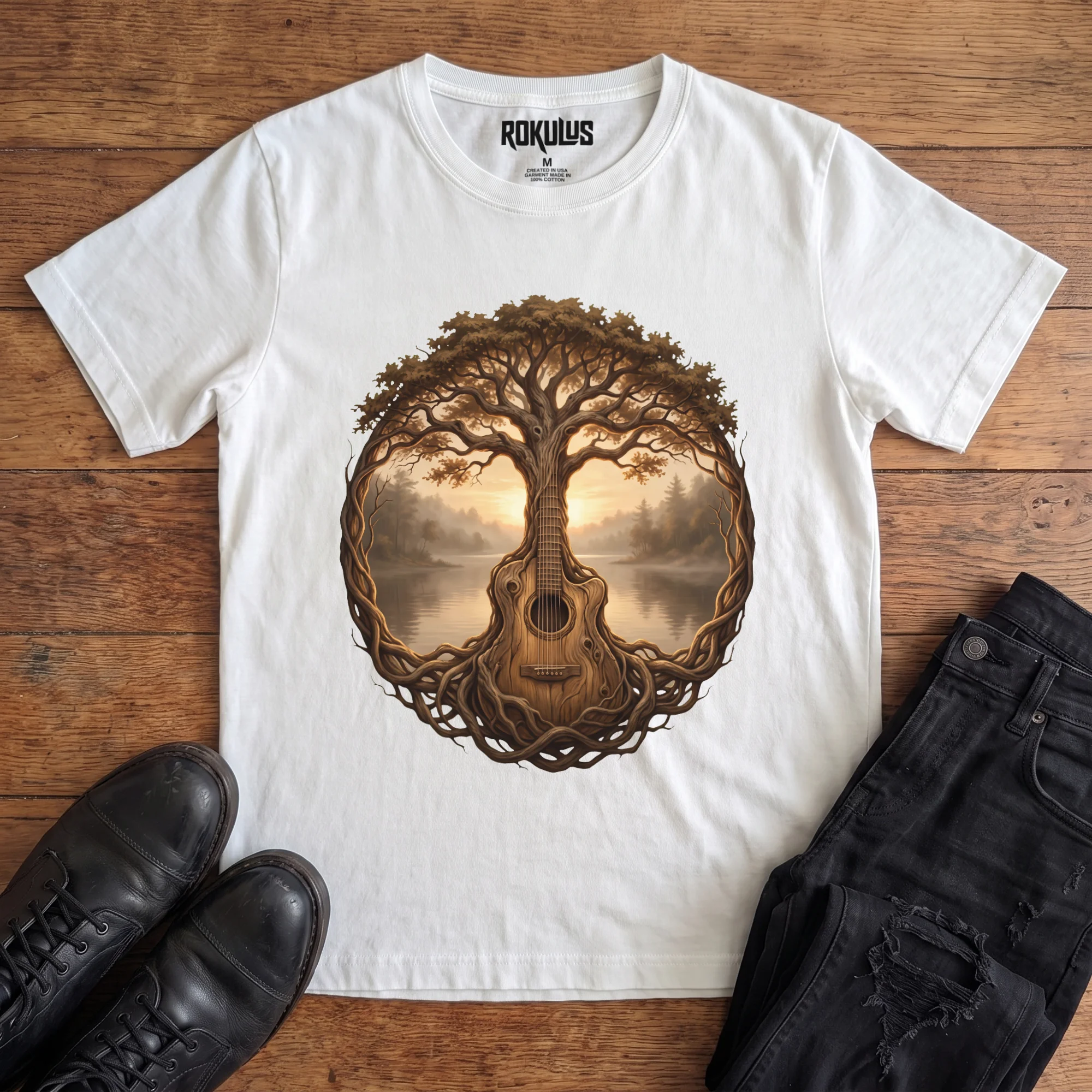 White Rokulus Guitar Tree Of Life vintage graphic tee laid flat on wood with black boots and jeans, front print showing an acoustic guitar growing as a tree of life with spreading branches and roots framing a misty lake and sunset in warm sepia