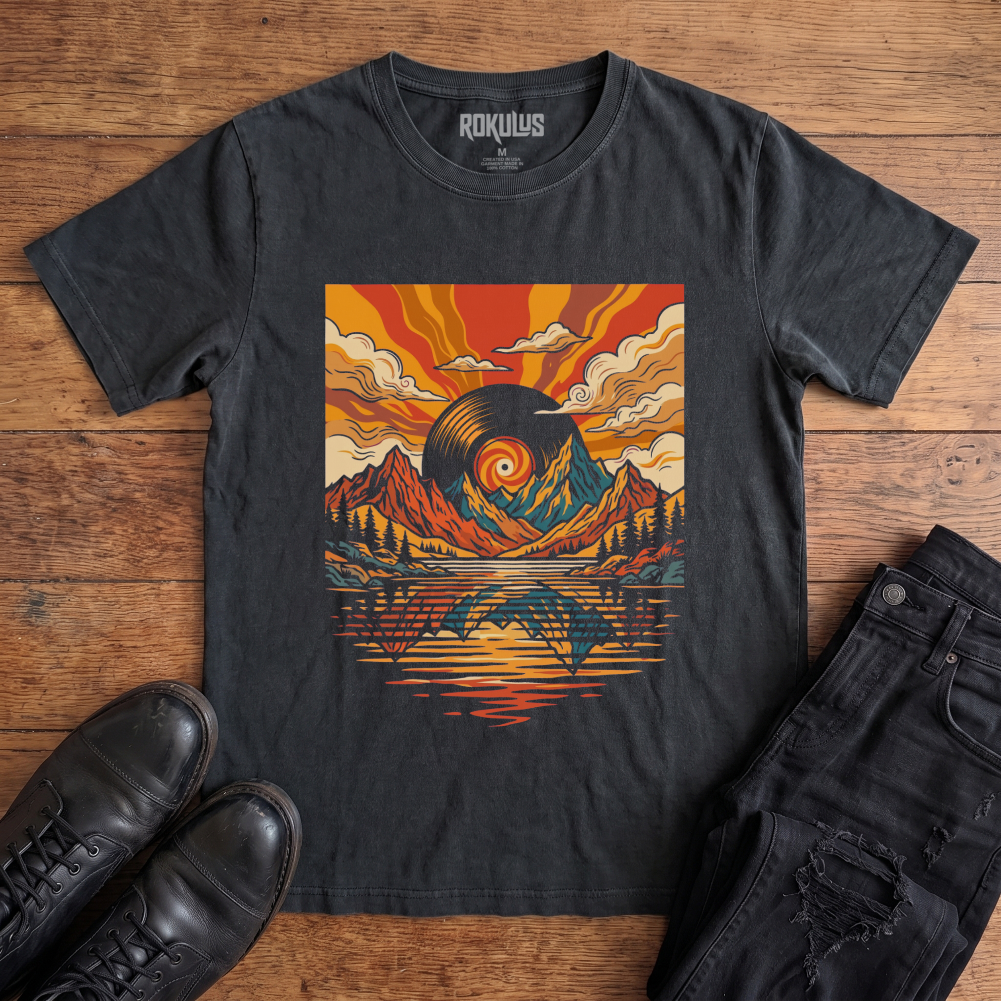 Washed black Rokulus Vinyl Sunset vintage graphic tee laid flat on wood with black boots and jeans, front print showing a retro 70s landscape with a vinyl record sun over mountains, pines, and a reflecting lake in warm sunset tones