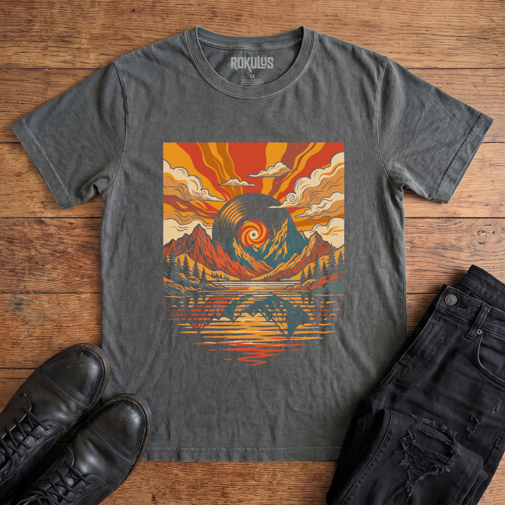 Washed charcoal Rokulus Vinyl Sunset vintage graphic tee laid flat on wood with black boots and jeans, front print showing a retro 70s landscape with a vinyl record sun over mountains, pines, and a reflecting lake in warm sunset tones