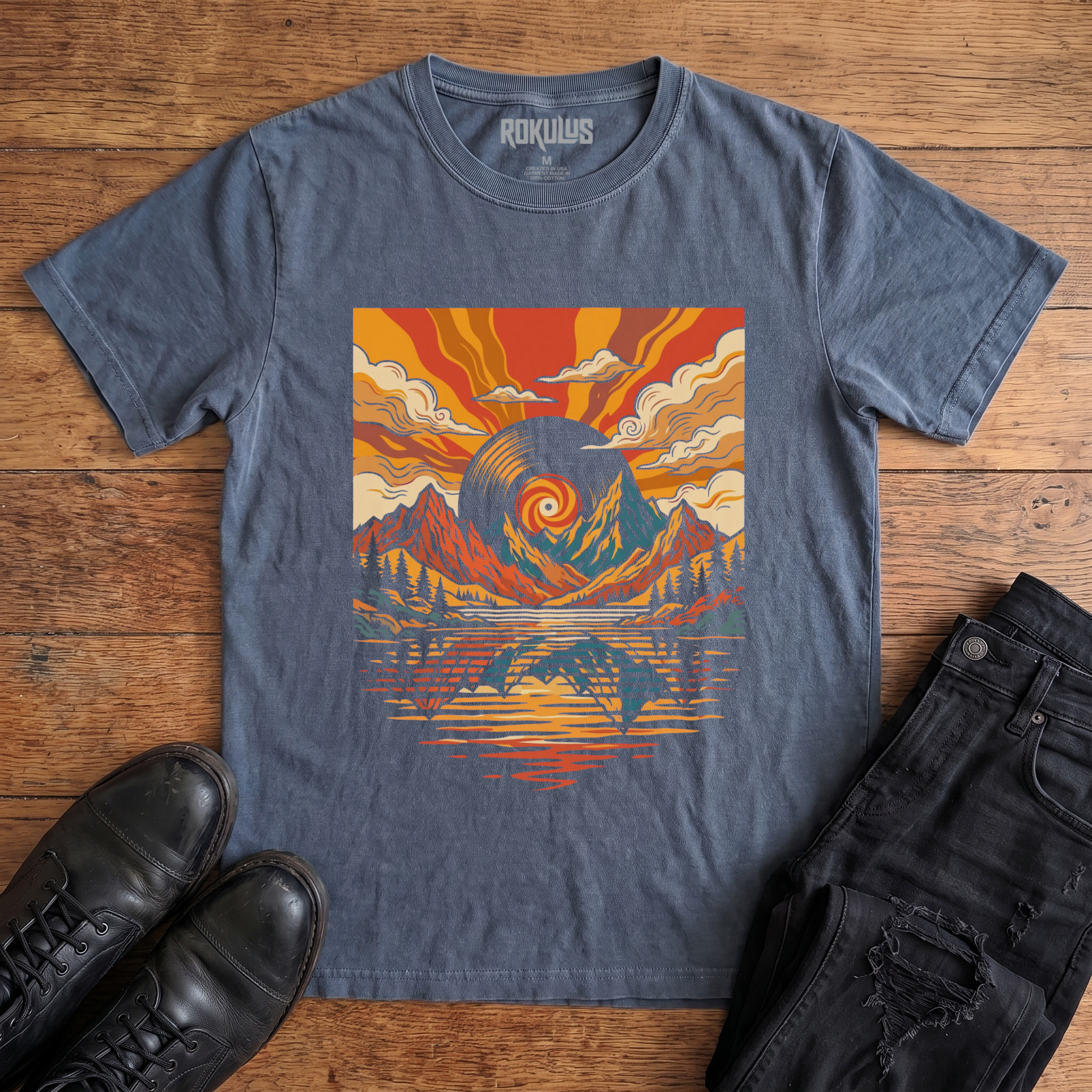 Washed navy Rokulus Vinyl Sunset vintage graphic tee laid flat on wood with black boots and jeans, front print showing a retro 70s landscape with a vinyl record sun over mountains, pines, and a reflecting lake in warm sunset tones